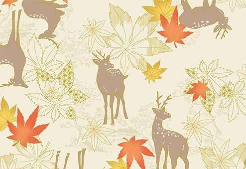 QuiltGate - Hyakka Ryoran Deer and Maple Leaf Cotton Fabric - Cream Orange Yellow Gold