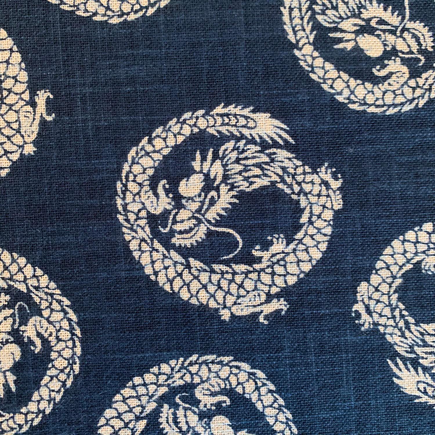 Kurenai - Hand Stenciled Dragons Cotton - Blue Beige