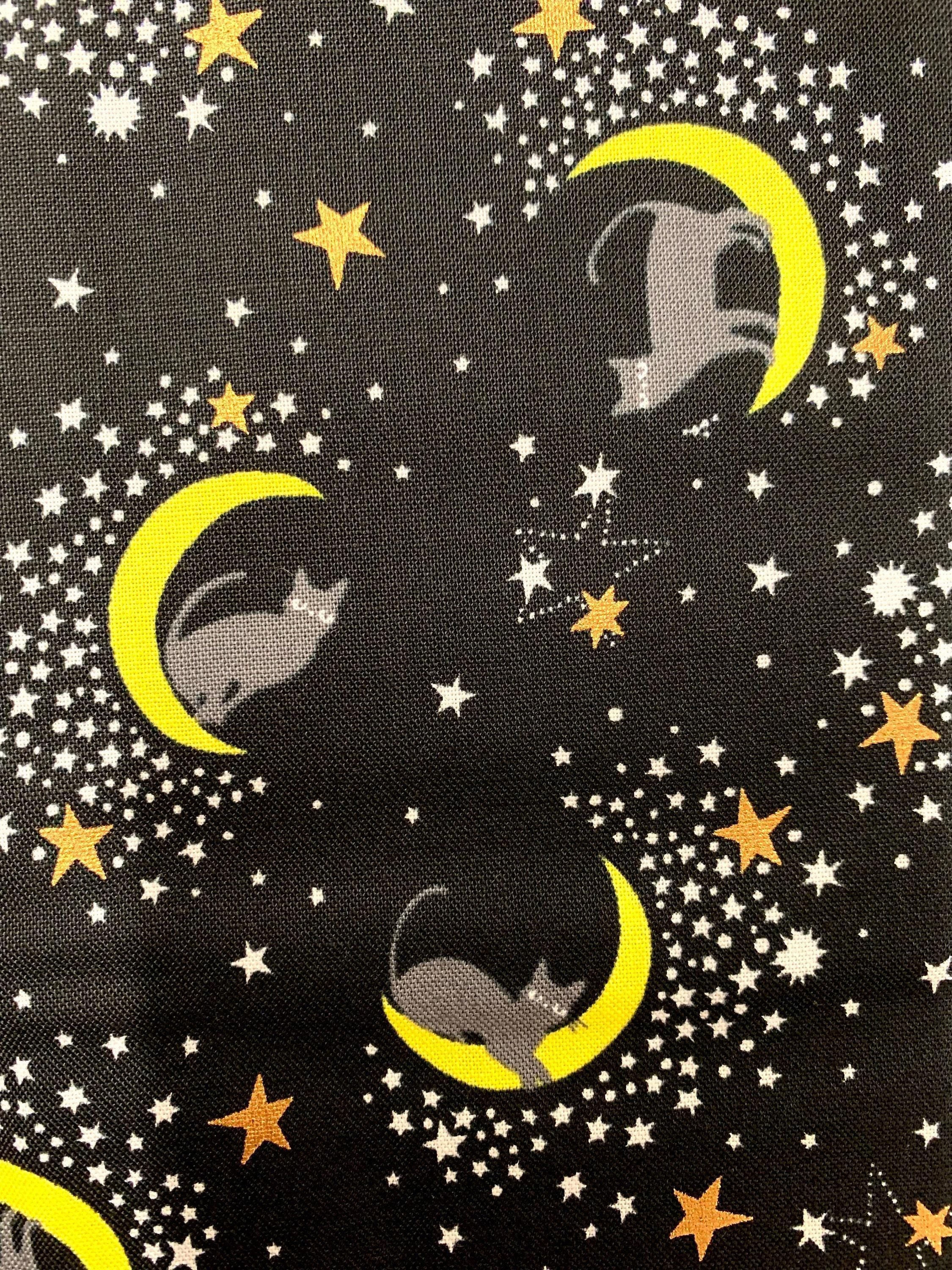 Kokka - Black Cat on the Moon Cotton Fabric - Black Yellow Gray Gold