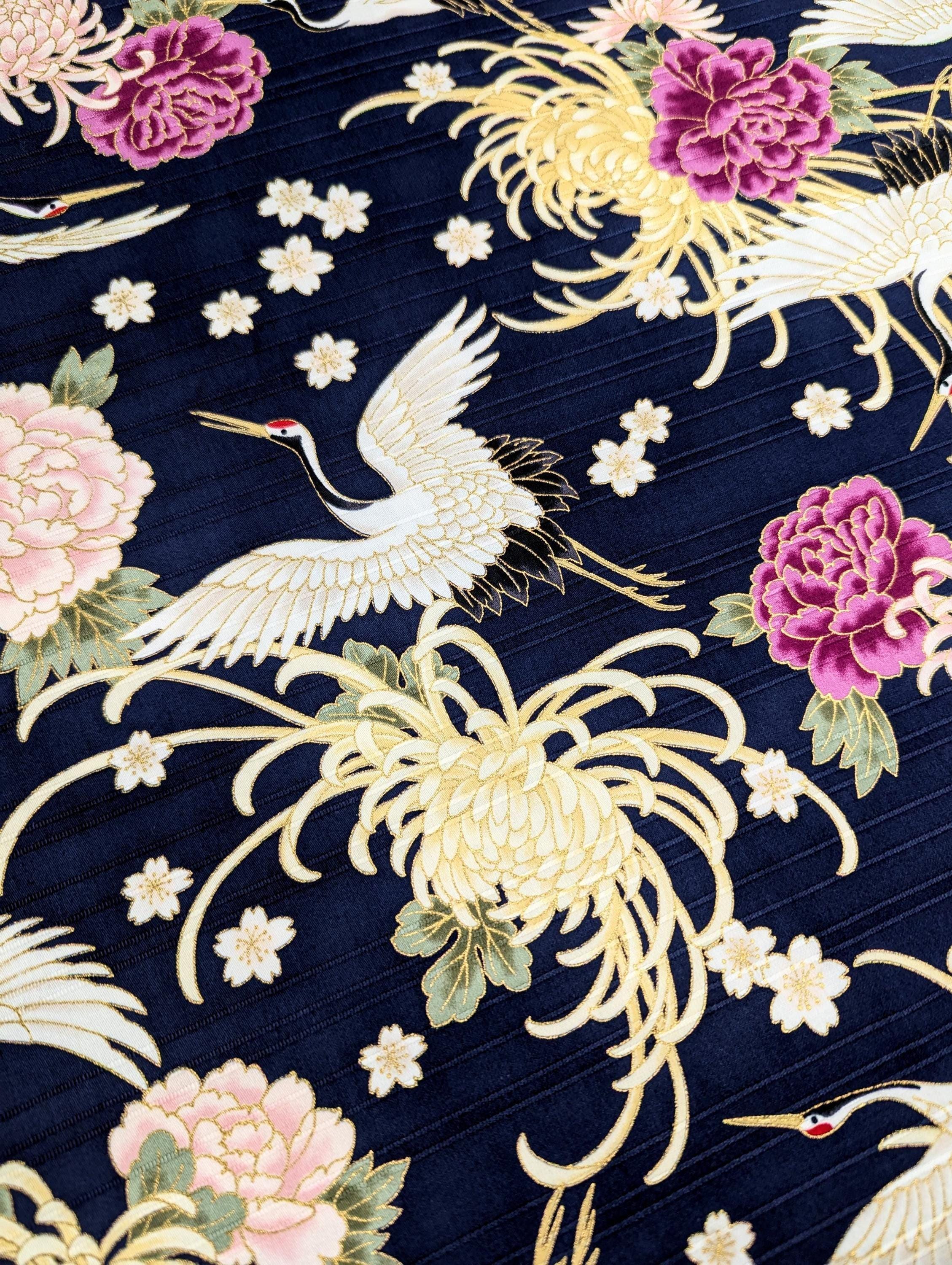 Cosmo - Cranes and Flowers Cotton Shantung - Blue