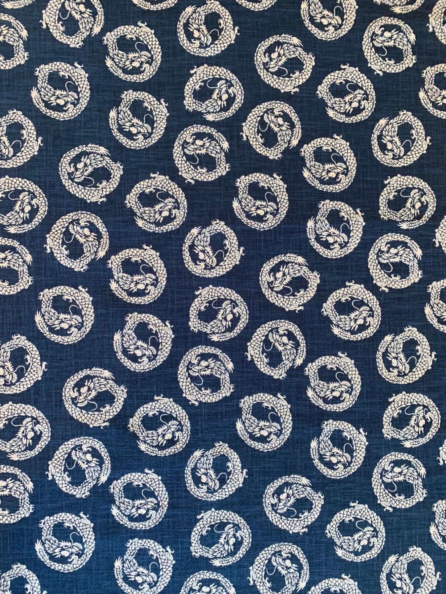 Kurenai - Hand Stenciled Dragons Cotton - Blue Beige