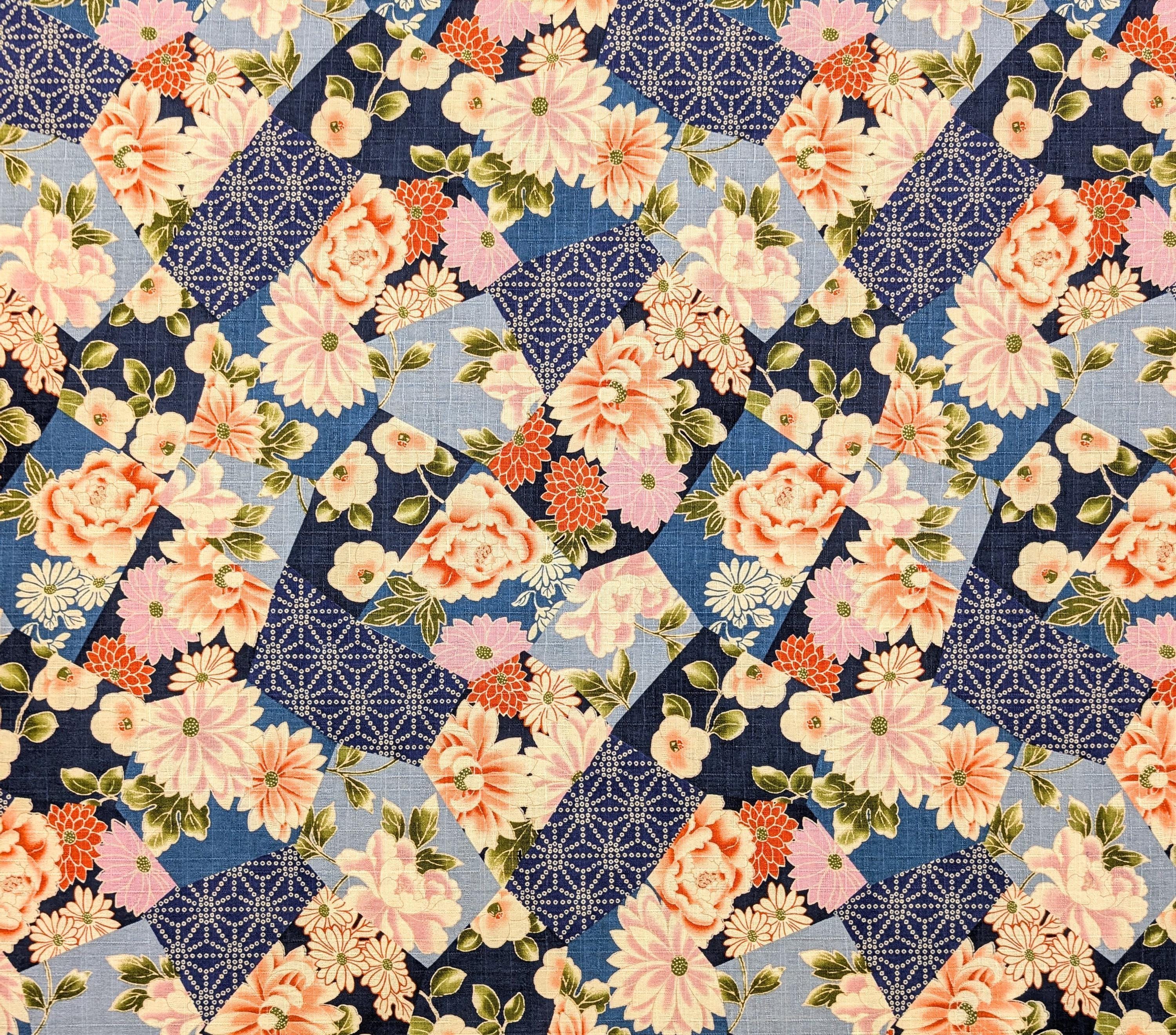 Patterned Floral Collage Hokkoh Japanese dobby cotton fabric 1025-110-2 D blue
