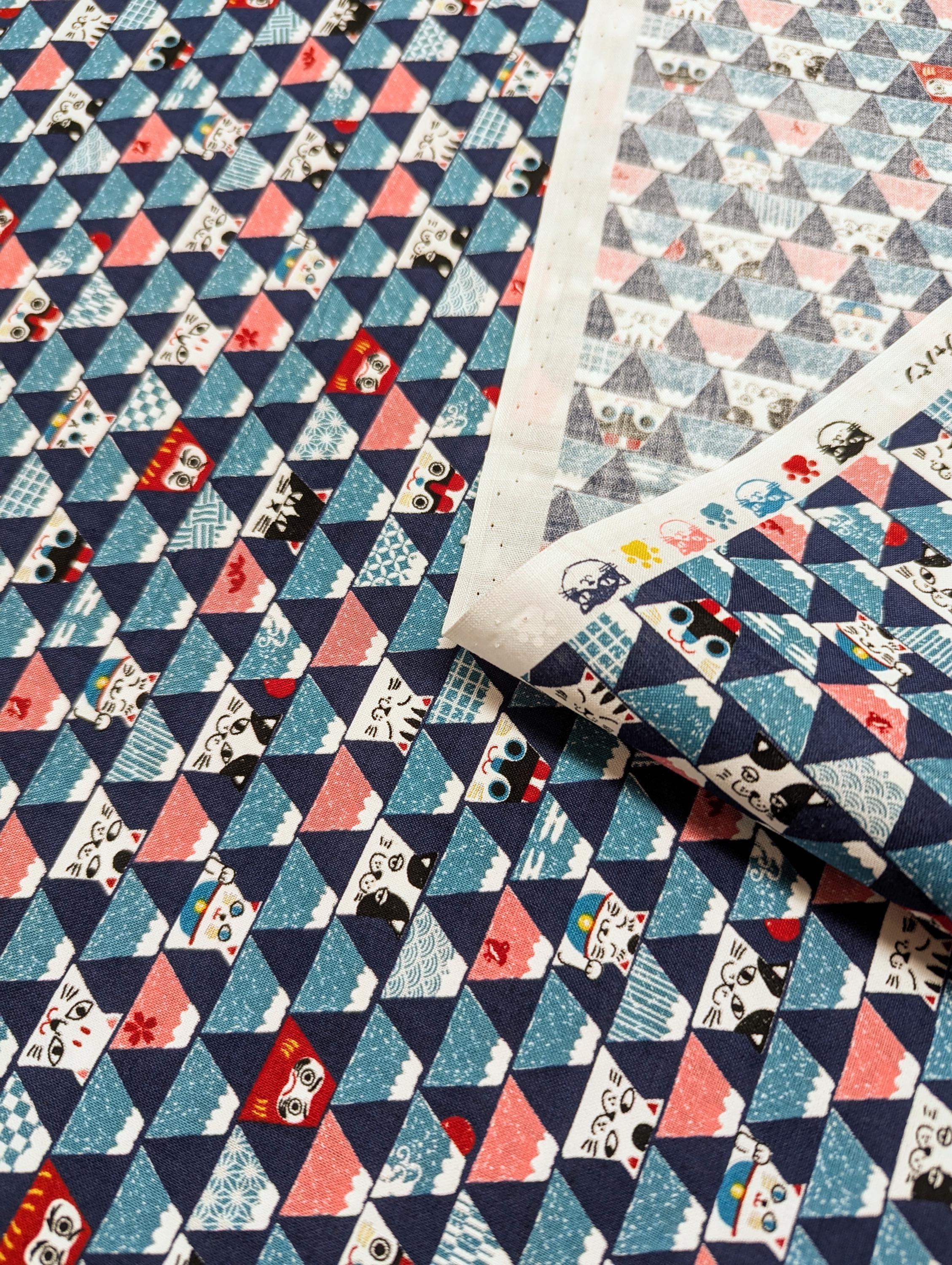 Senyo - Mount Fuji Cats Cotton Fabric - Blue