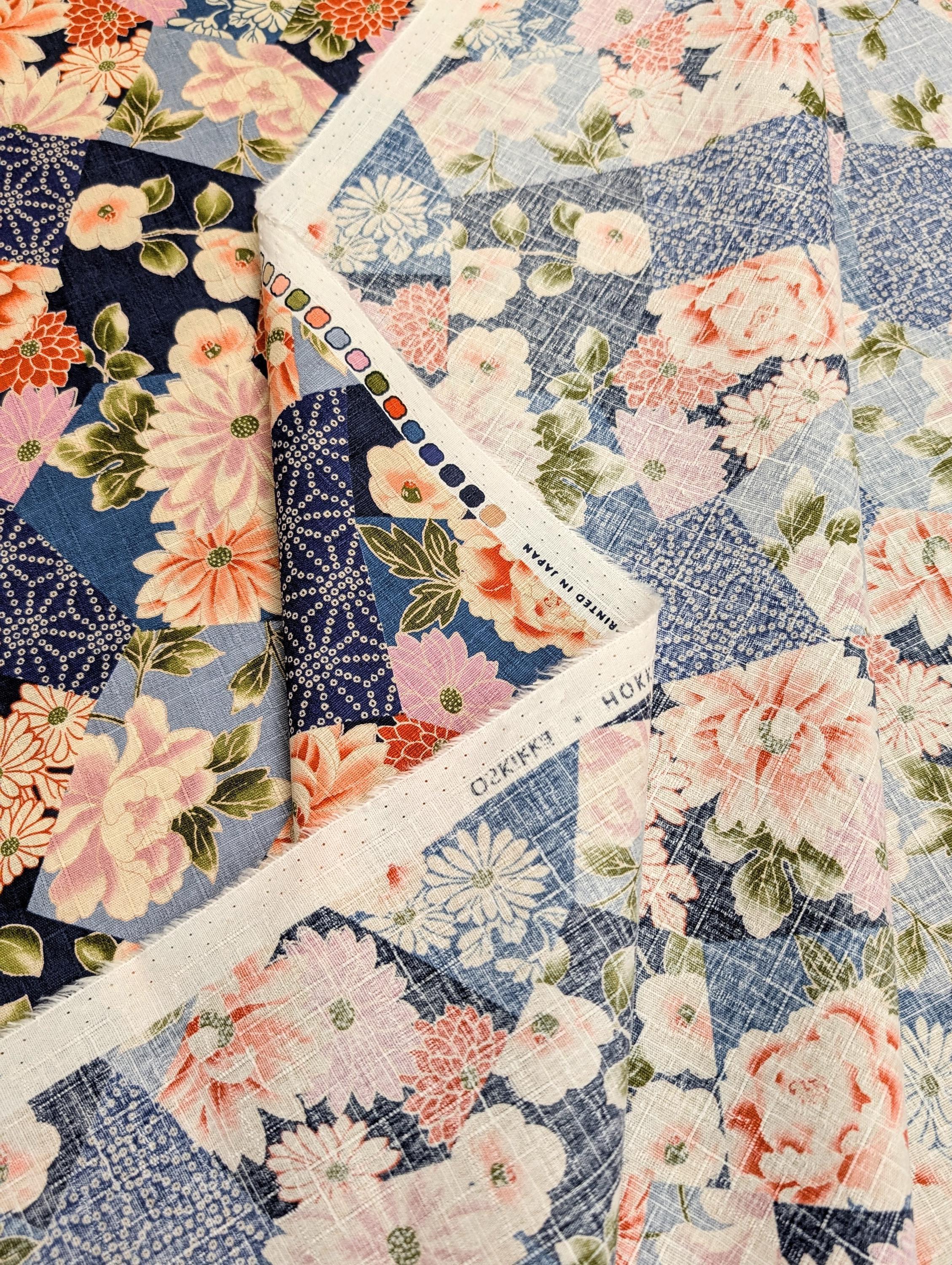 Patterned Floral Collage Hokkoh Japanese dobby cotton fabric 1025-110-2 D blue
