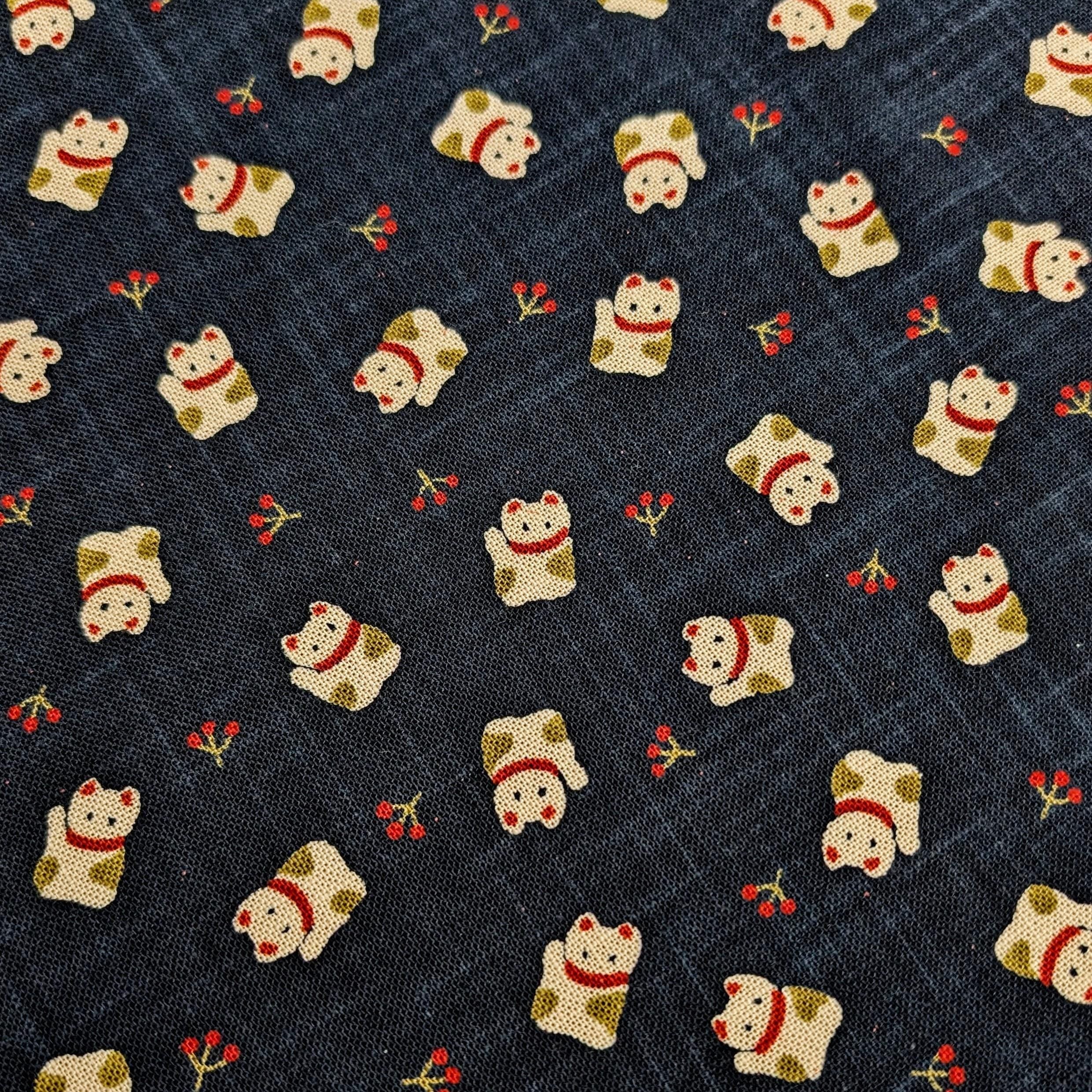 Tiny Lucky cats hand stenciled Japanese cotton fabric KP7090-110 A - half yard