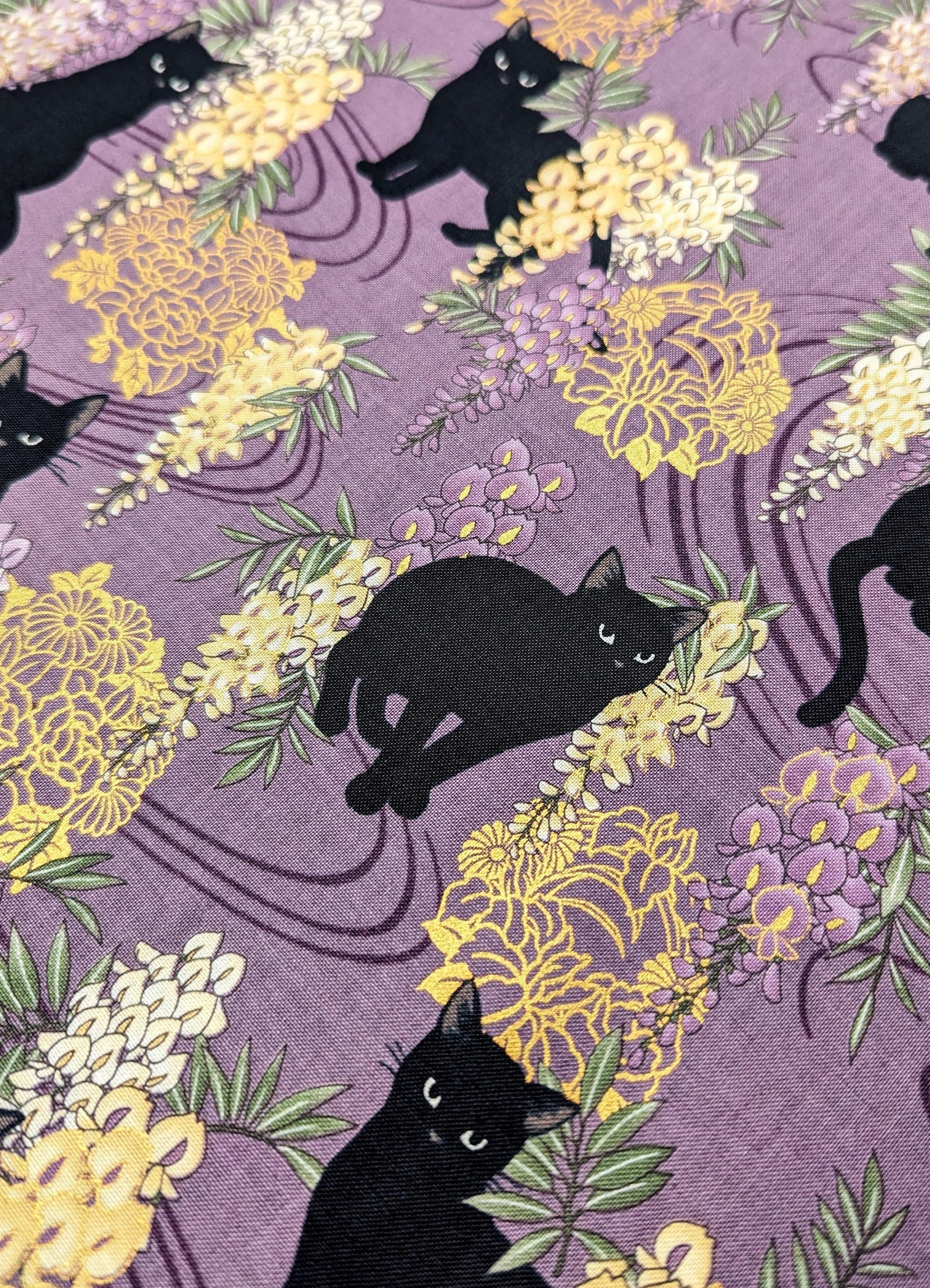 QuiltGate - Hyakka Ryoran Cats and Wisteria Cotton Fabric - Purple