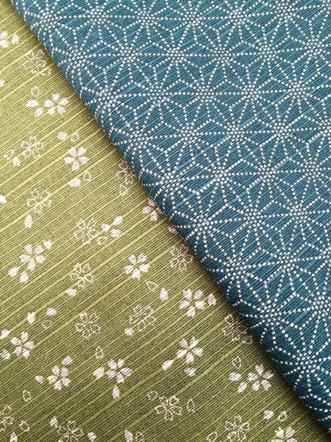 Sevenberry - Double Sided Cherry Blossom and Asanoha Star Cotton Dobby - Green Blue