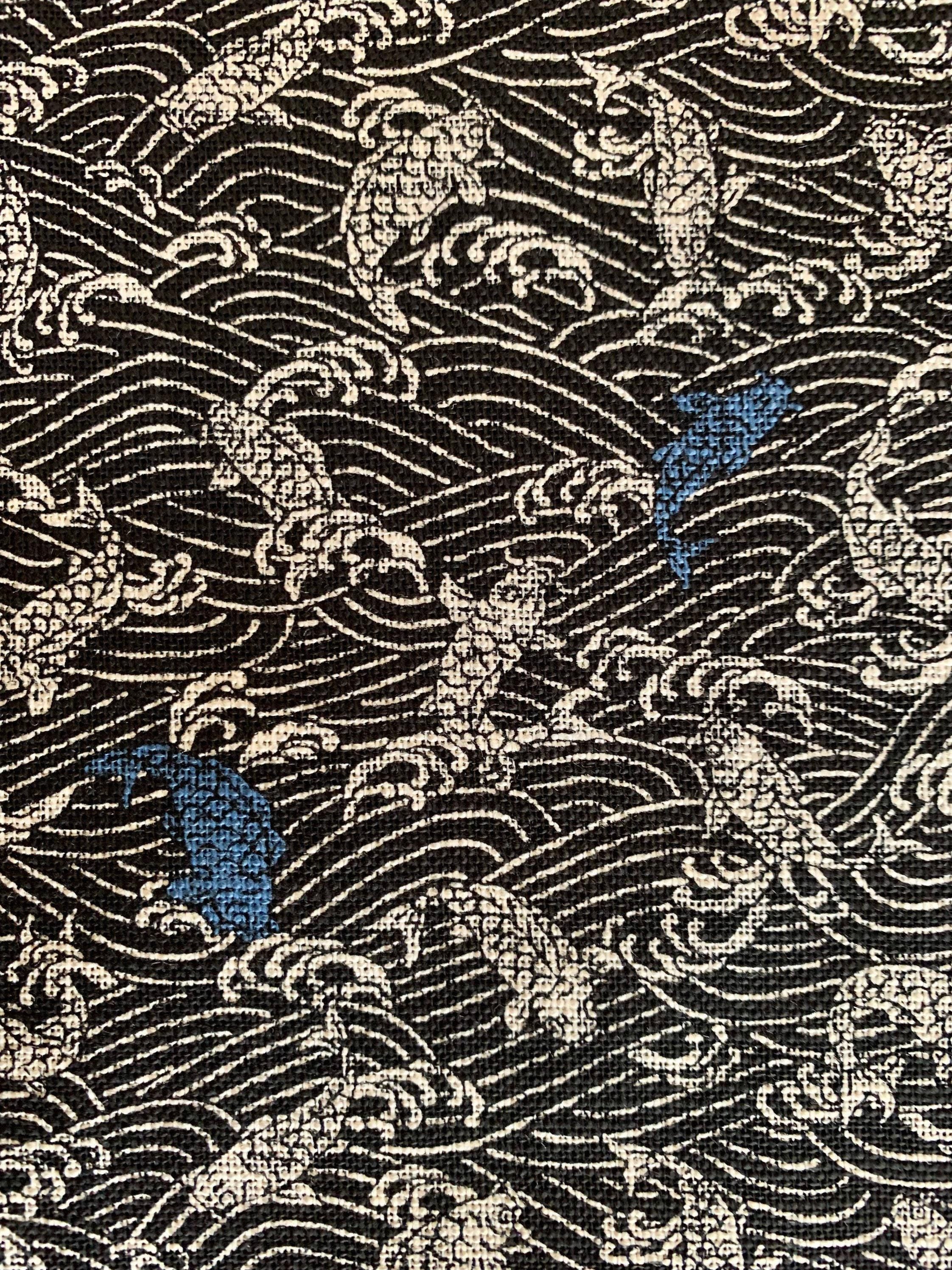Sevenberry - Koi Carp Fish and Waves Cotton Fabric - Black Beige Blue
