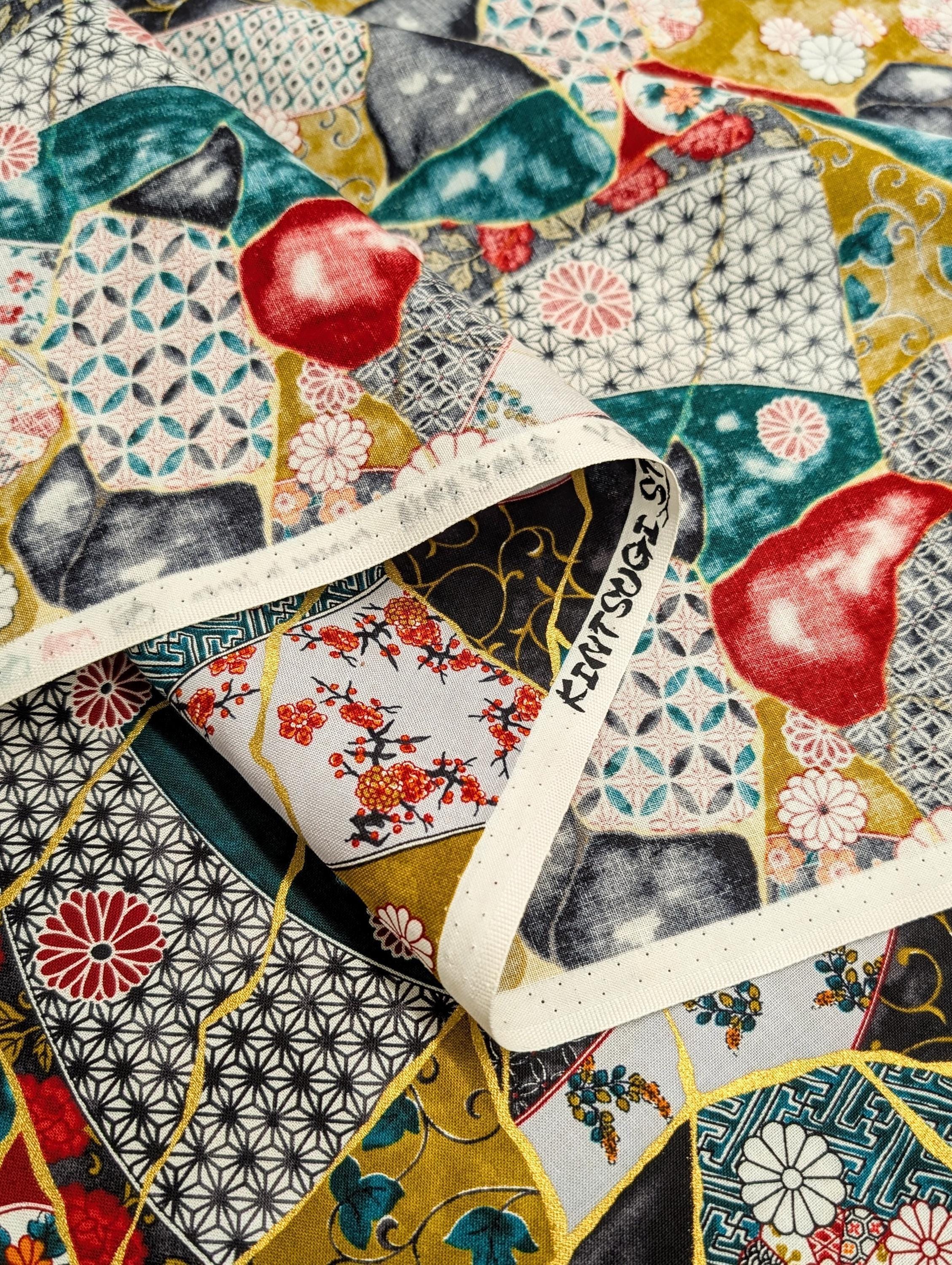 Senyo - Patterned Kintsugi Collage Cotton Fabric - Black Teal Red