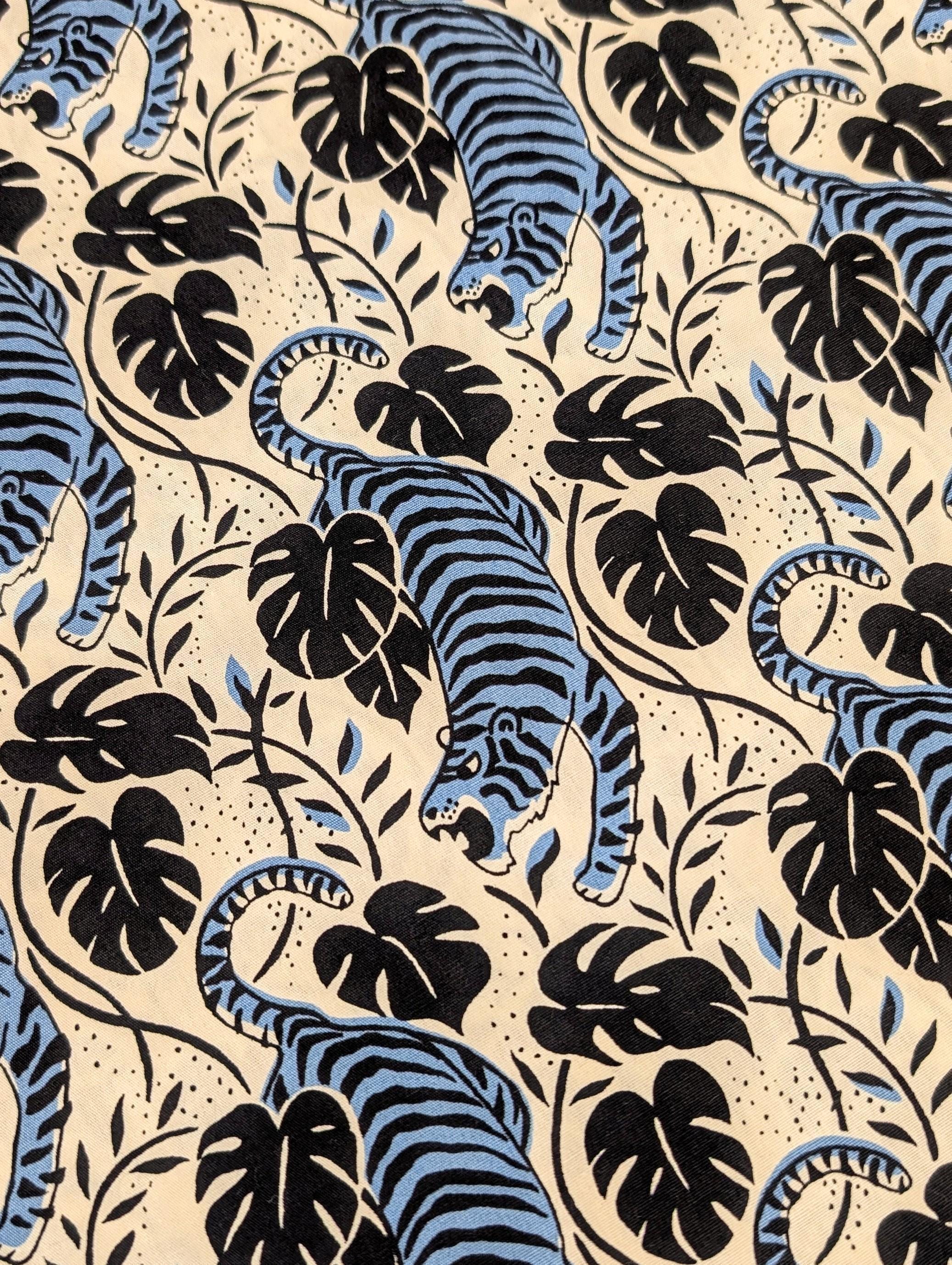 Sevenberry - Jungle Tigers Cotton Fabric - Off-White and Light Blue