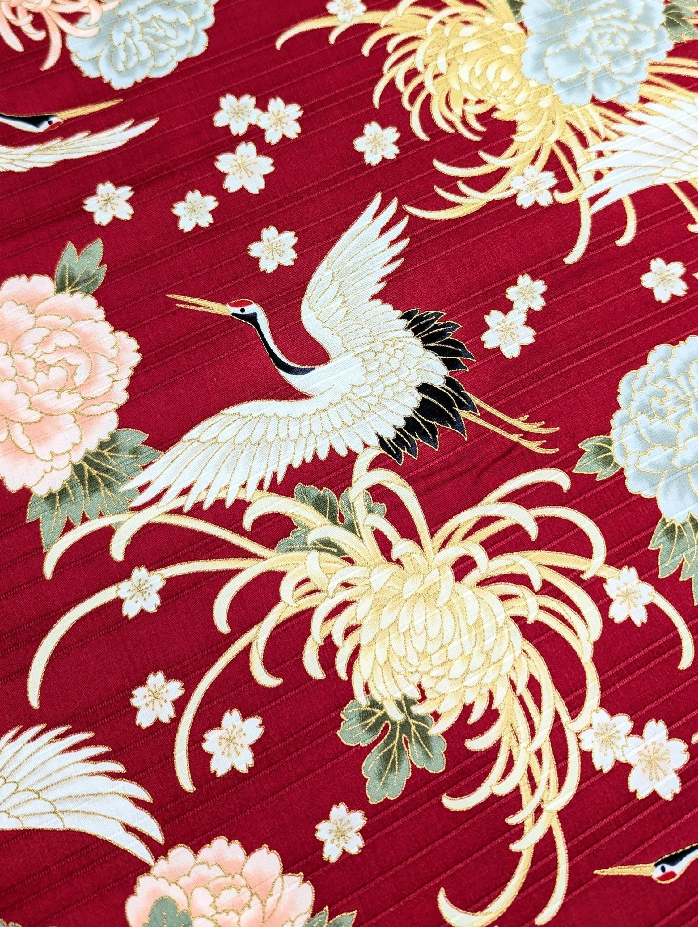 Cosmo - Cranes and Flowers Cotton Shantung - Red