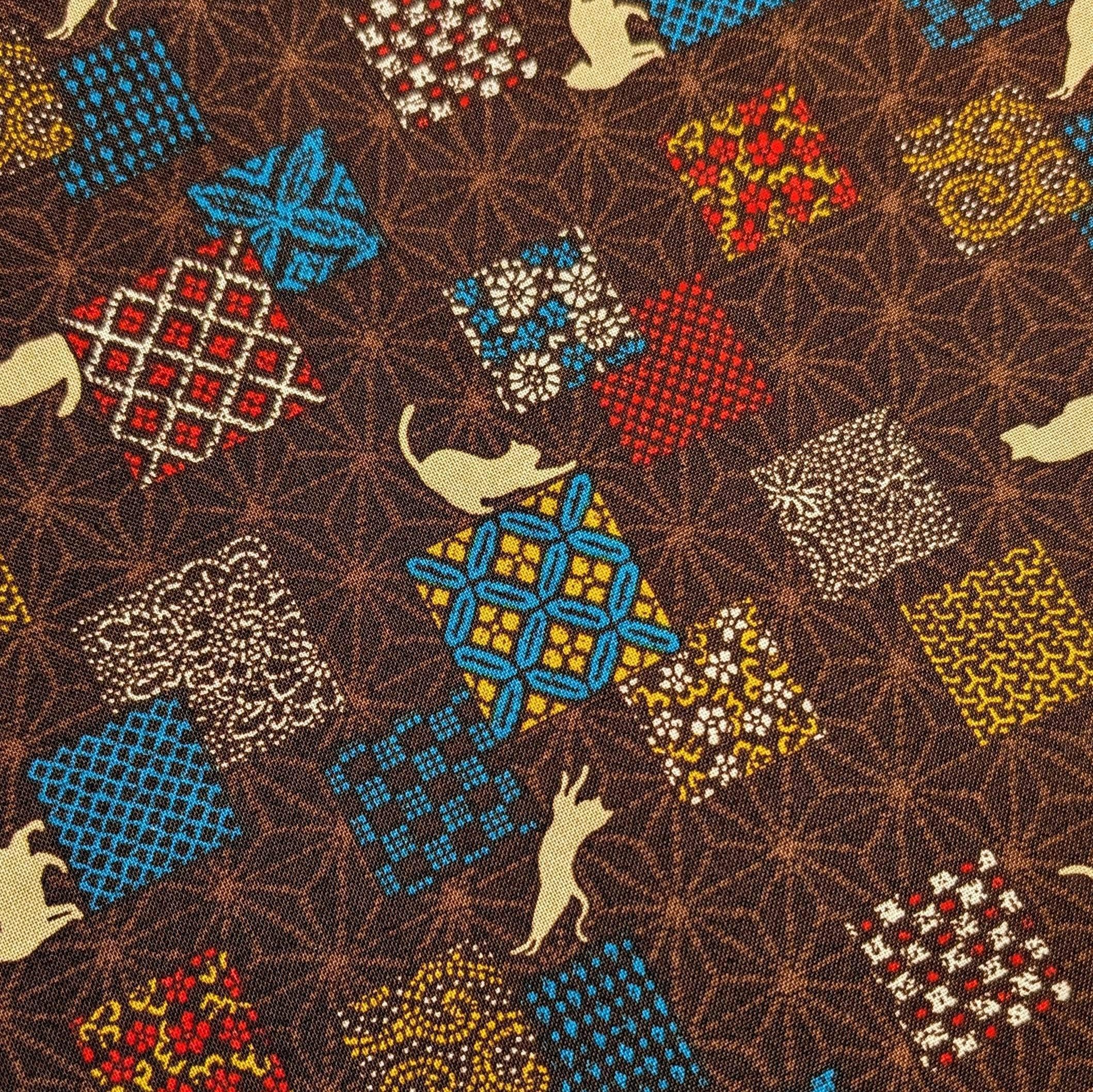 Orimono Imports - Patchwork Cats Cotton Fabric - Brown