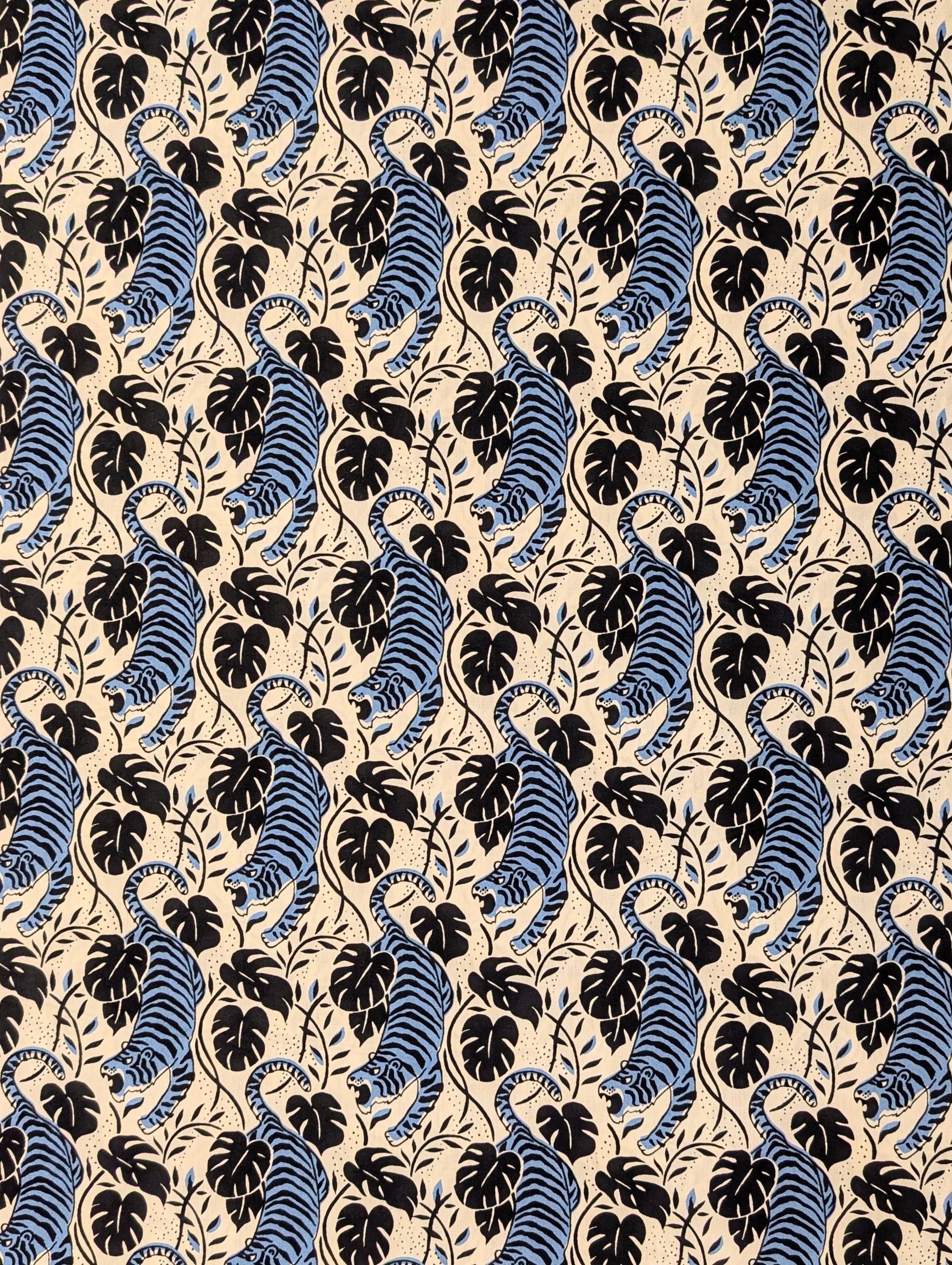 Sevenberry - Jungle Tigers Cotton Fabric - Off-White and Light Blue