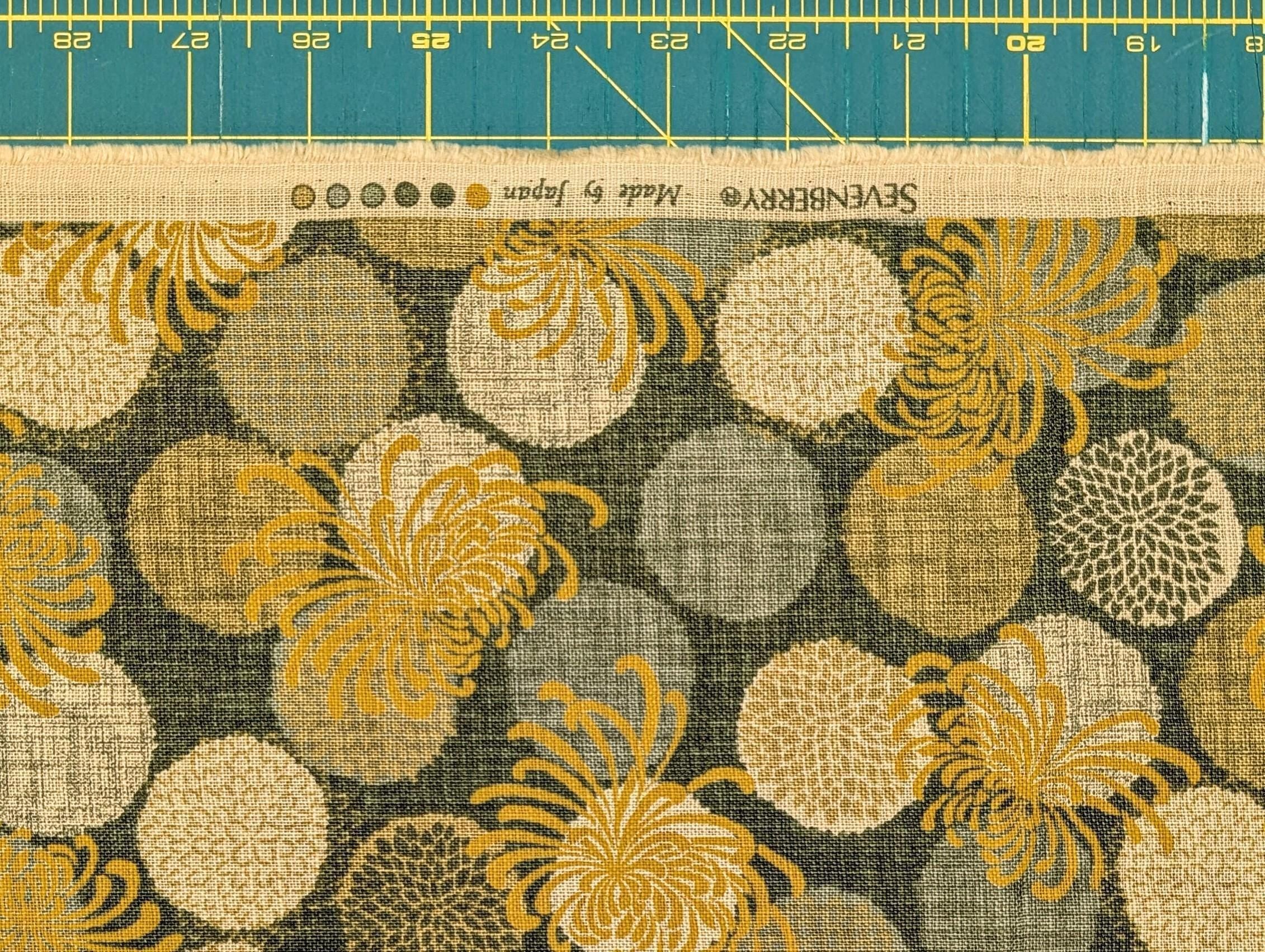 Sevenberry - Rustic Chrysanthemums Cotton Fabric - Green Yellow Beige