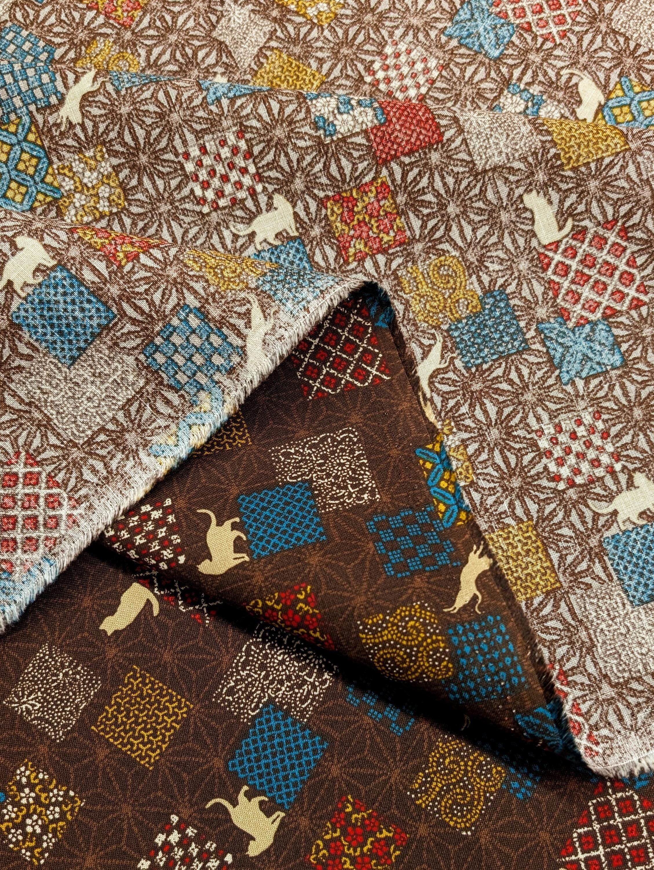 Orimono Imports - Patchwork Cats Cotton Fabric - Brown
