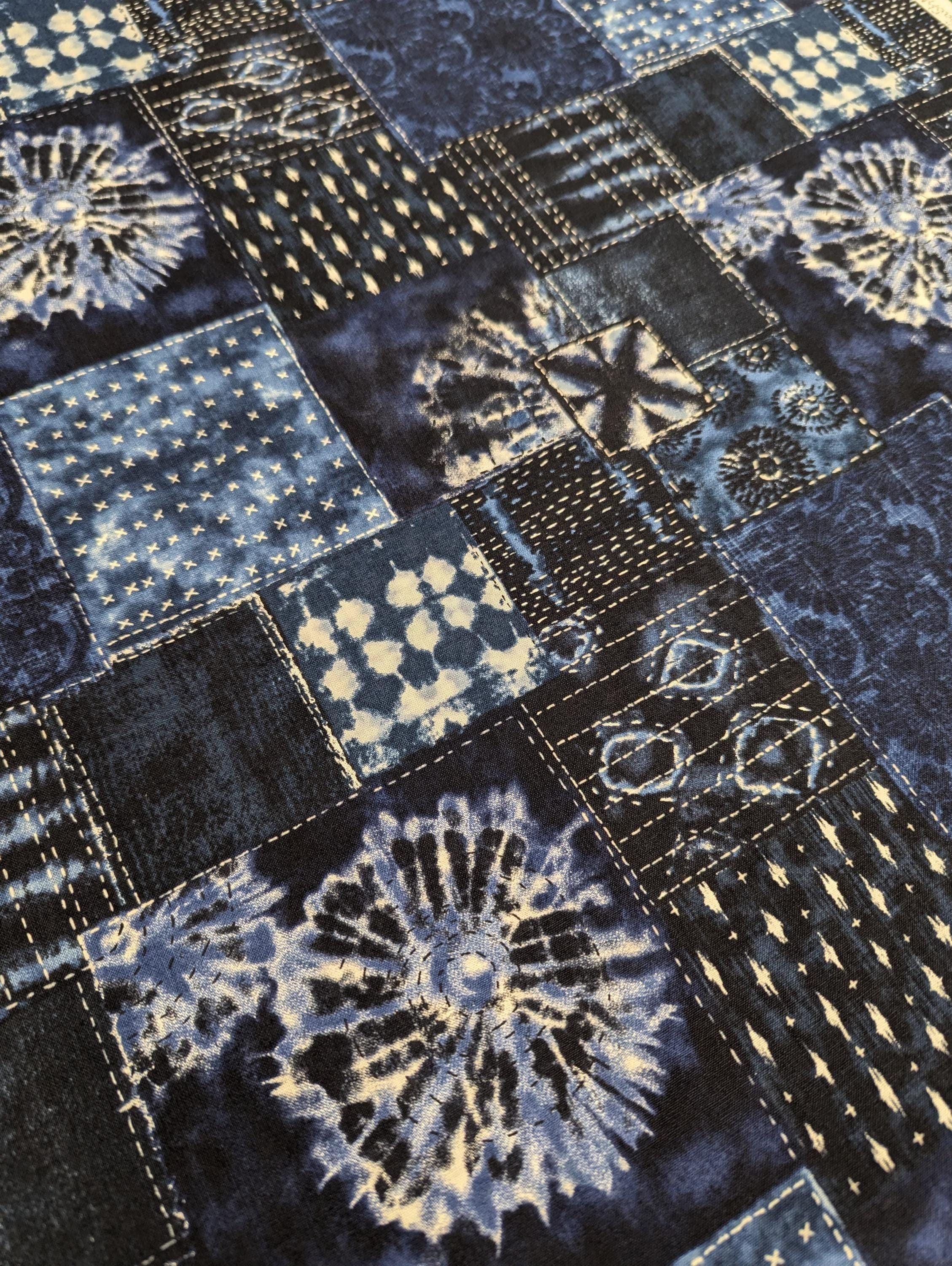 Senyo - Printed Shibori Sashiko Patchwork Cotton Fabric - Dark Blue