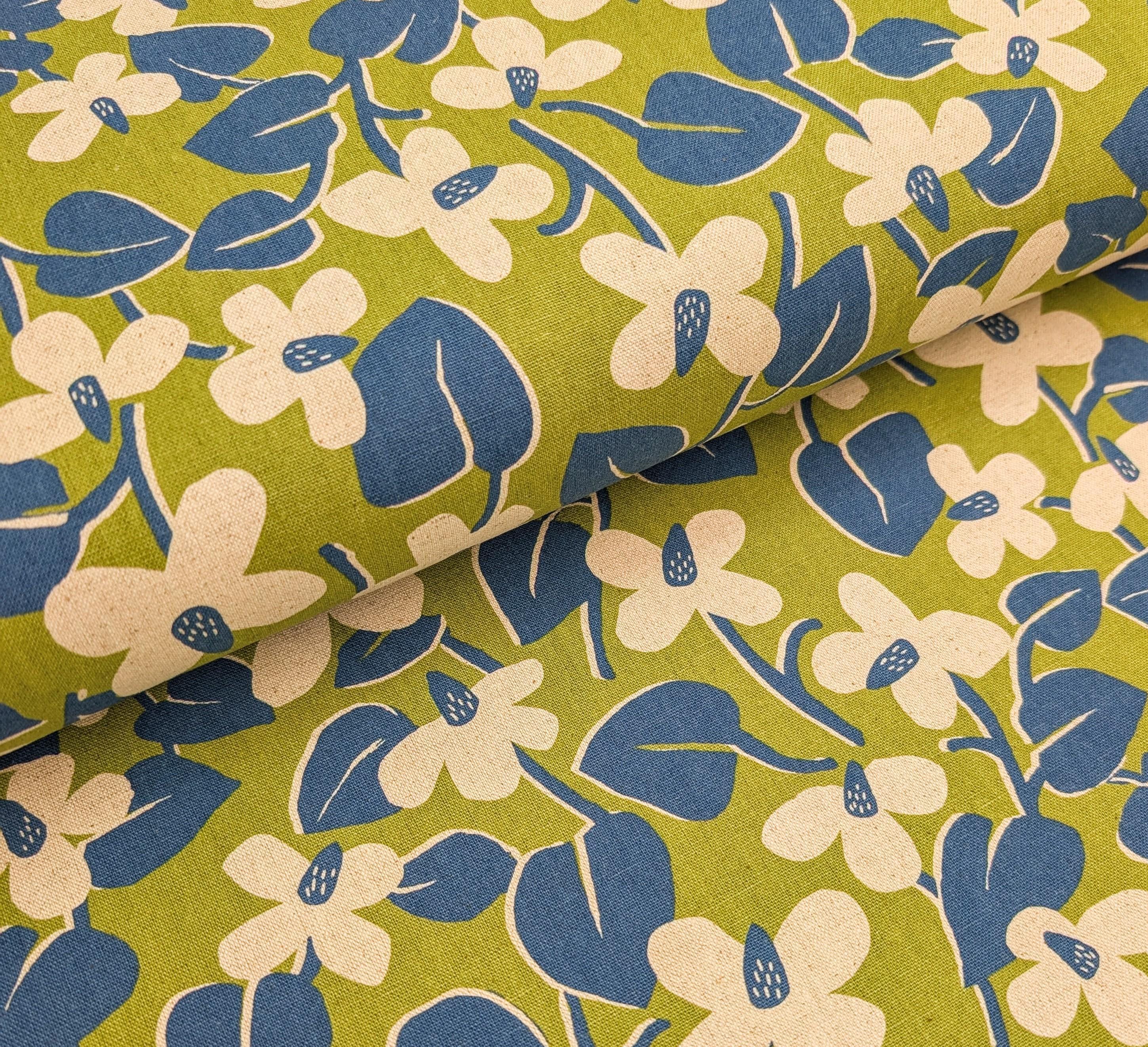 NEW Scandinavian Cone flowers Sevenberry Japanese cotton linen light canvas fabric 850431-1-5 green & blue