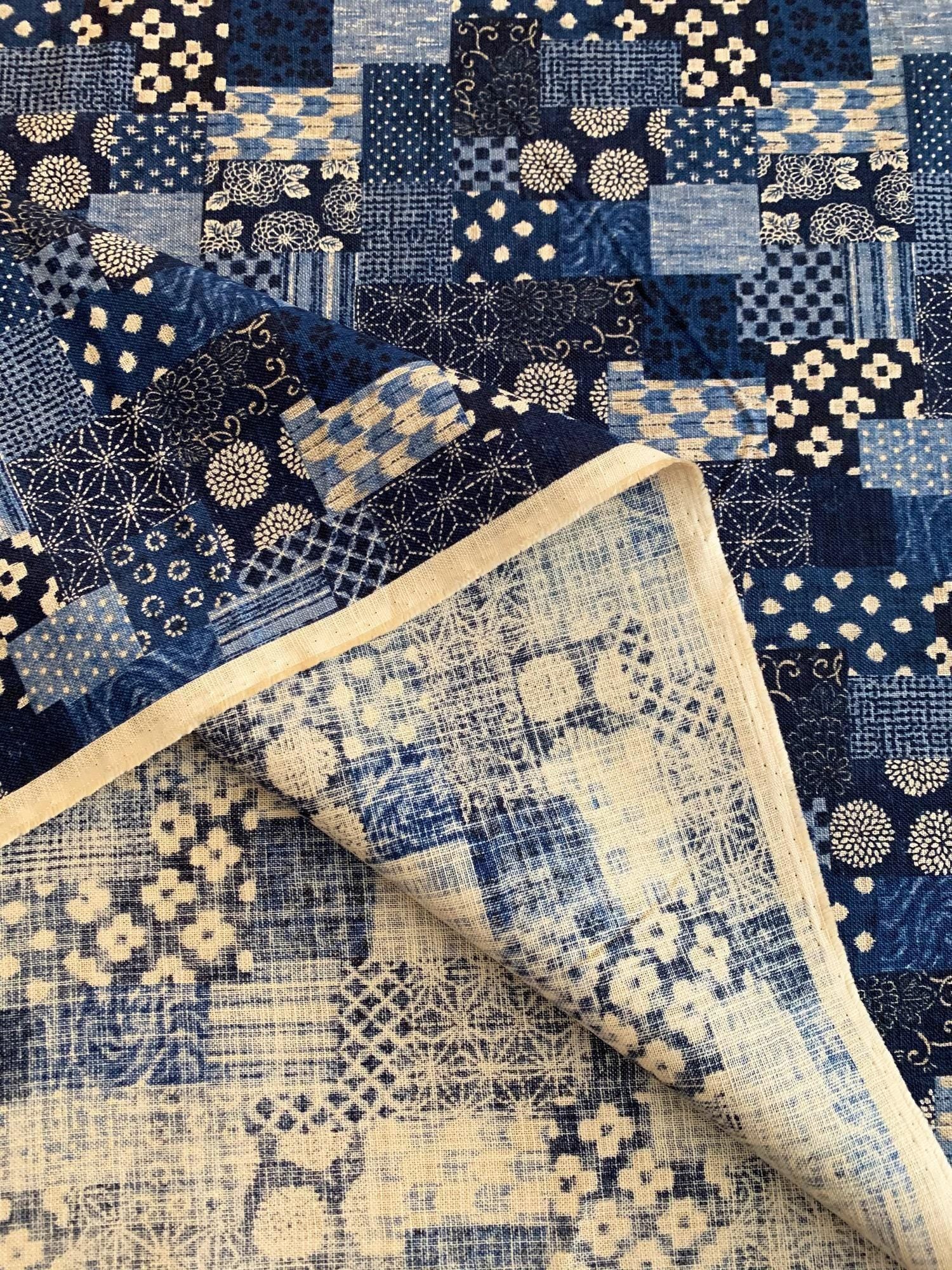 Sevenberry - Boro Patchwork Print Cotton Fabric - Dark Blue