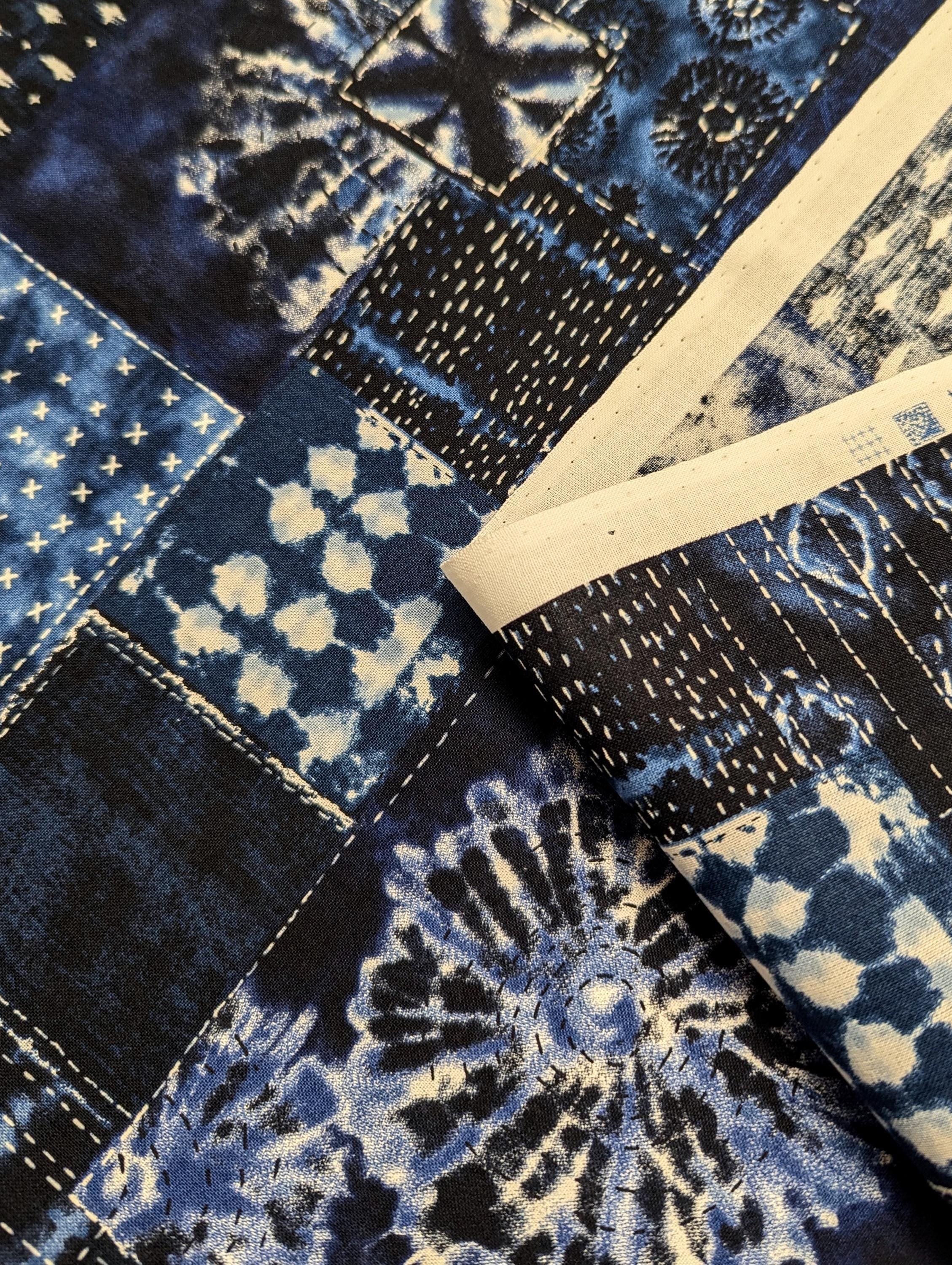 Senyo - Printed Shibori Sashiko Patchwork Cotton Fabric - Dark Blue