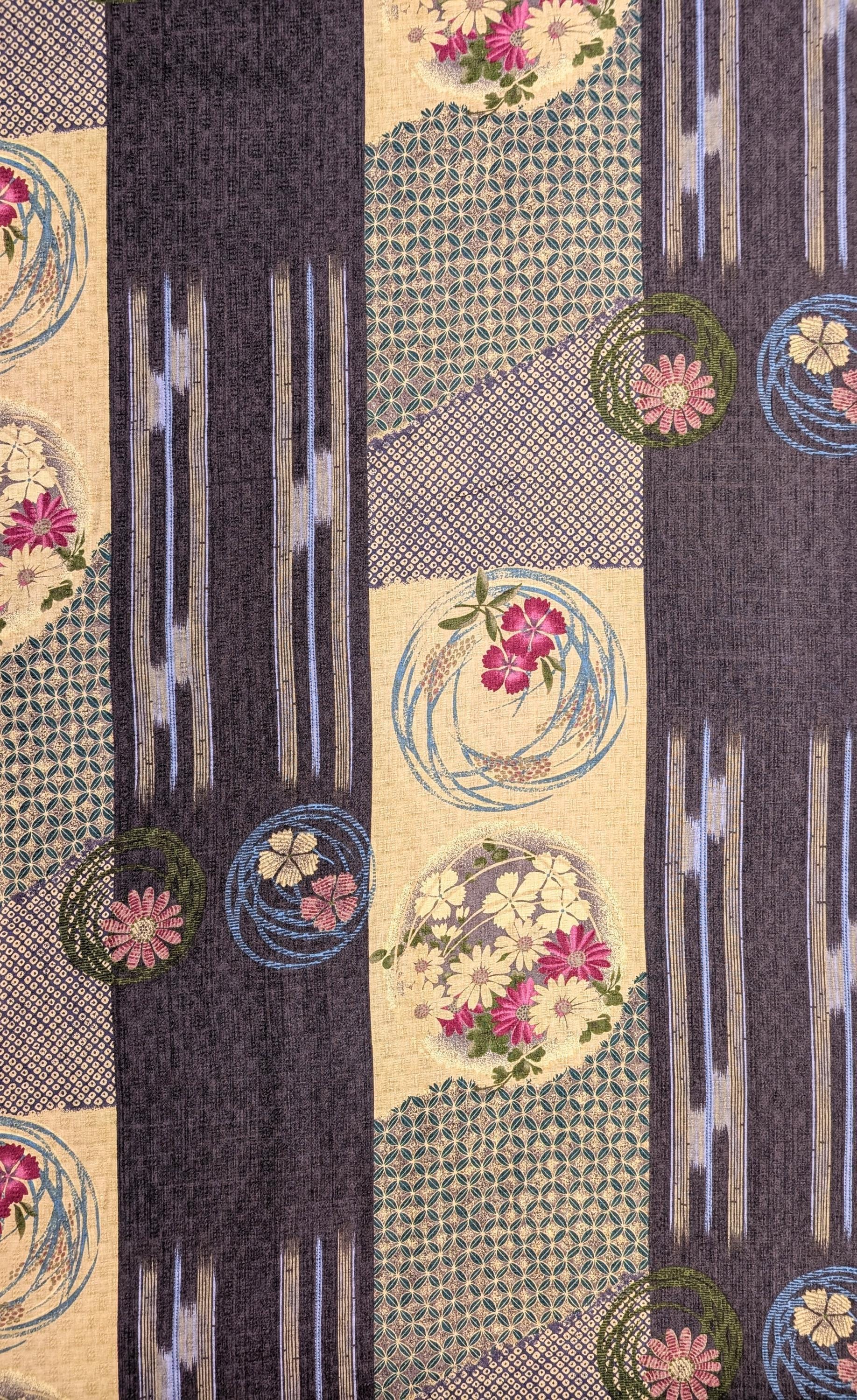 Wide Stripe Flower Circles Japanese Kobayashi dobby cotton fabric KTS-1594 E purple