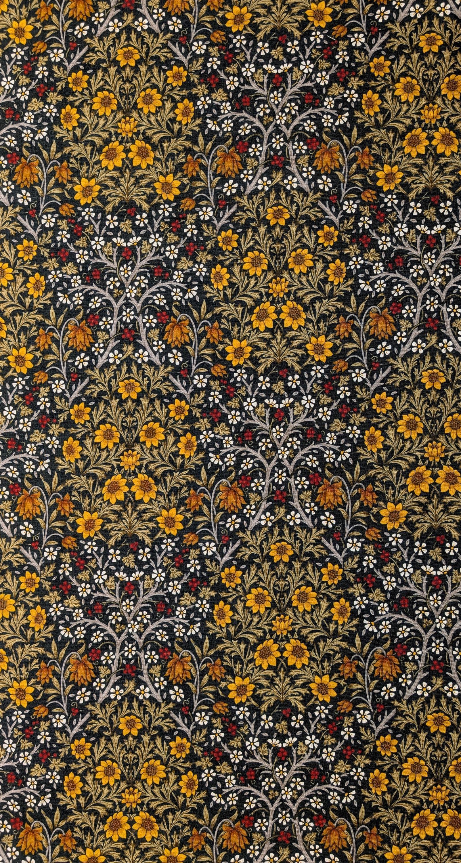 Morris Flower Fields Kobayashi Japanese cotton oxford canvas fabric KTS-6994 D black & yellow