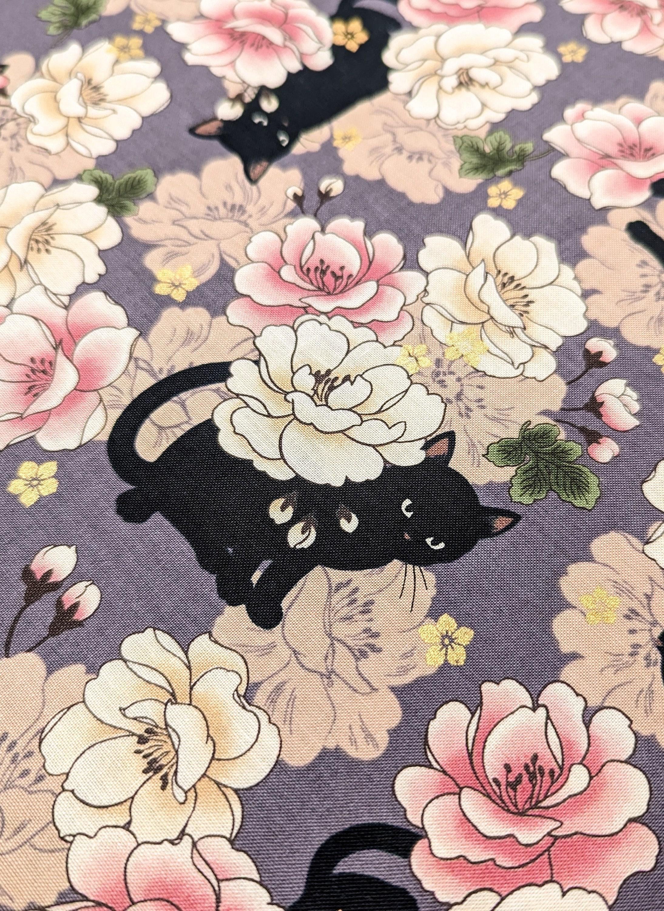 QuiltGate - Hyakka Ryoran Blossoming Cats Cotton Fabric - Purple