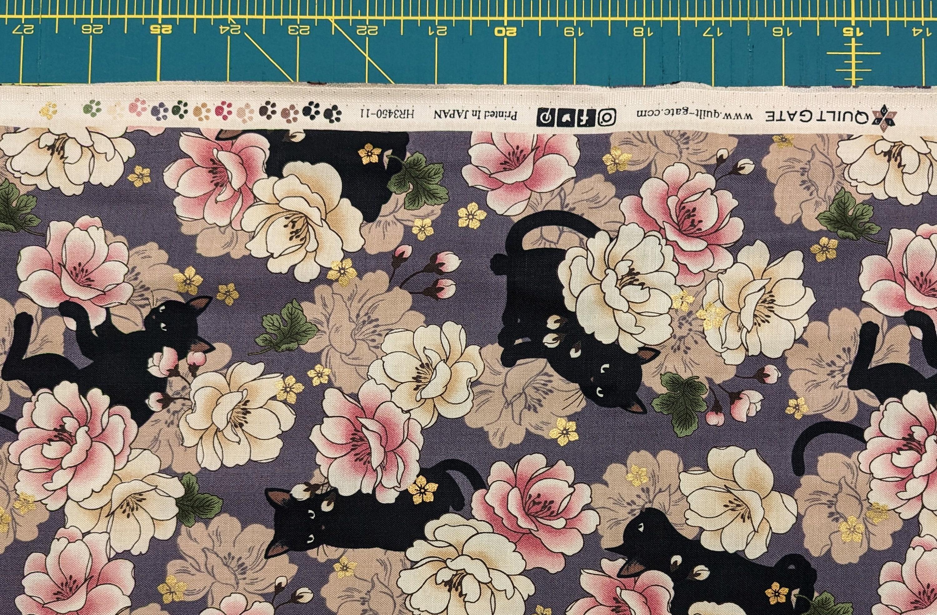 QuiltGate - Hyakka Ryoran Blossoming Cats Cotton Fabric - Purple