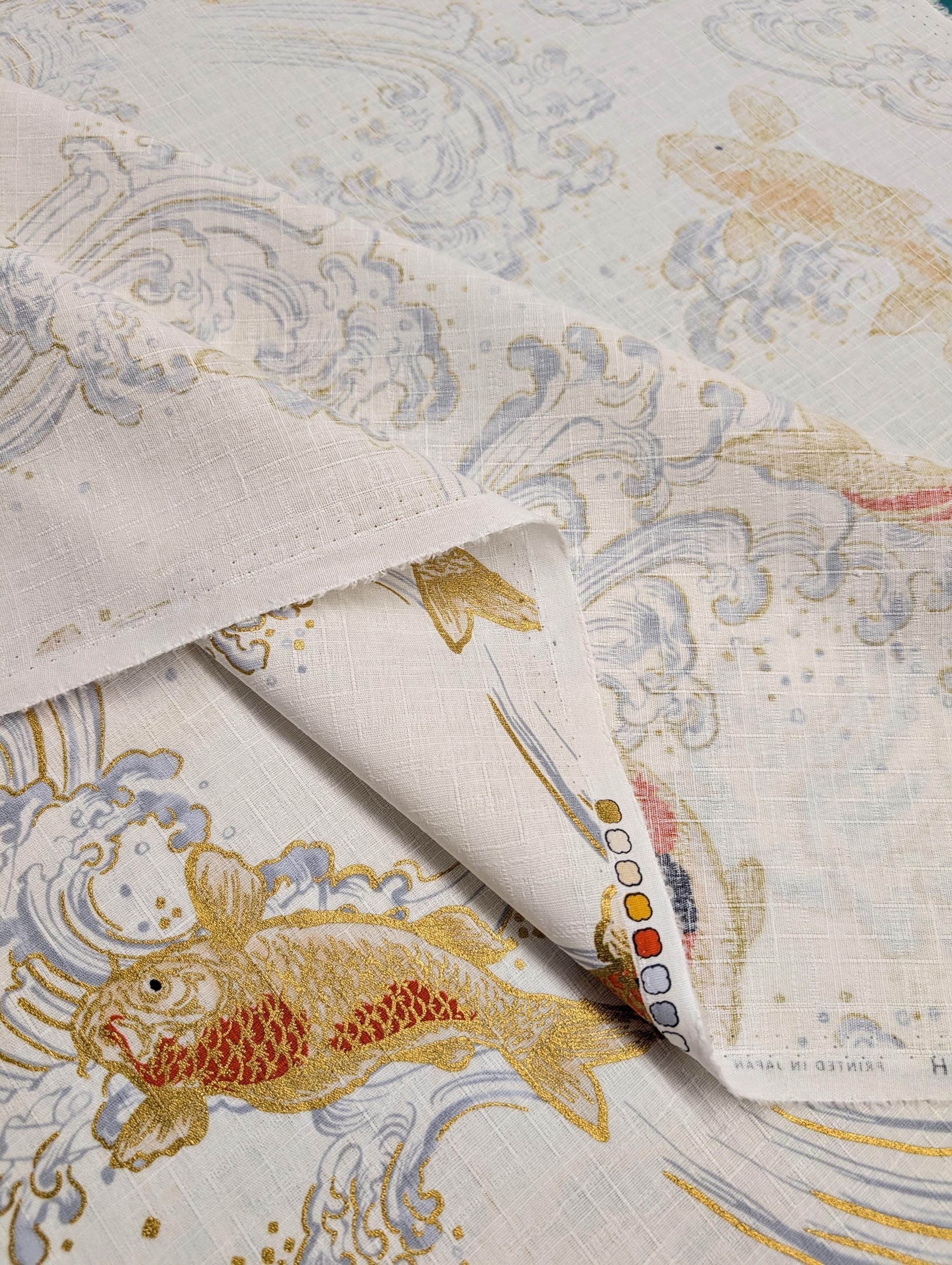 Swimming Golden Koi Hokkoh Japanese cotton dobby fabric 1025-100-2 A white