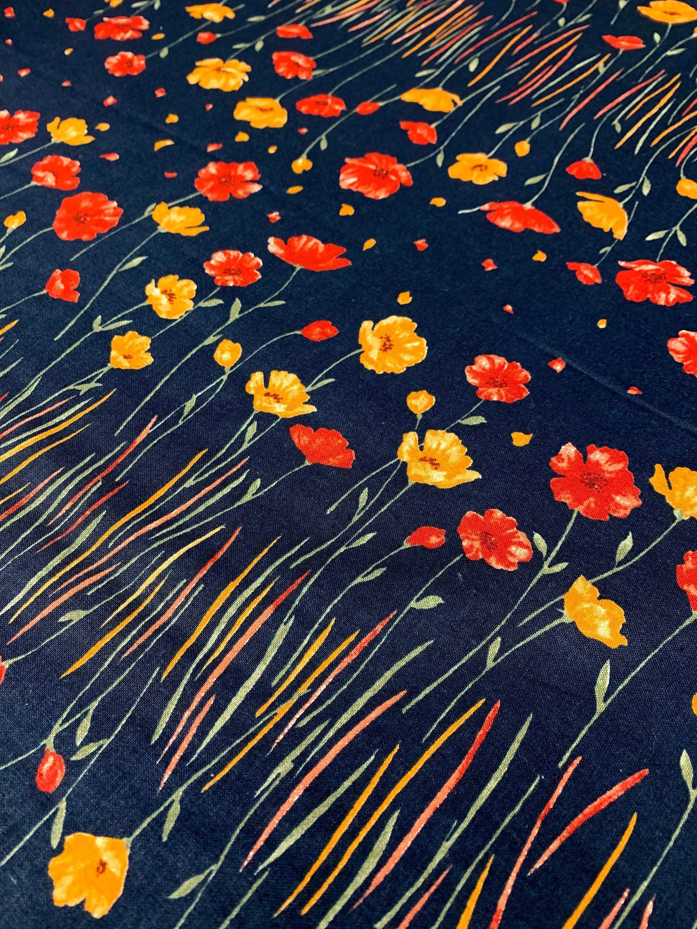 Koizumi - Momen-T Fall Flowers Border Print Cotton/Linen - Black Orange Red