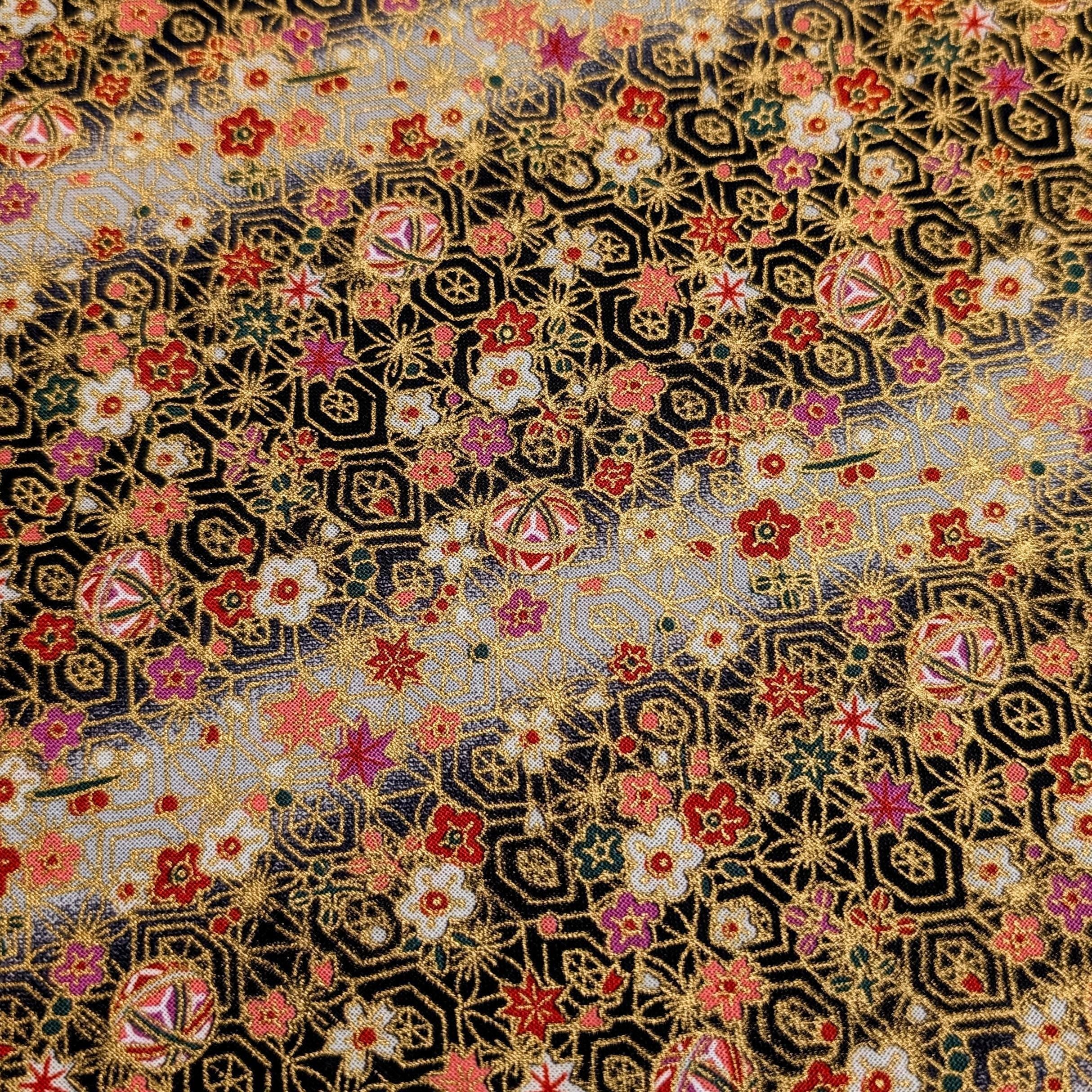 Naka - Temari and Blossoms Cotton Fabric - Black