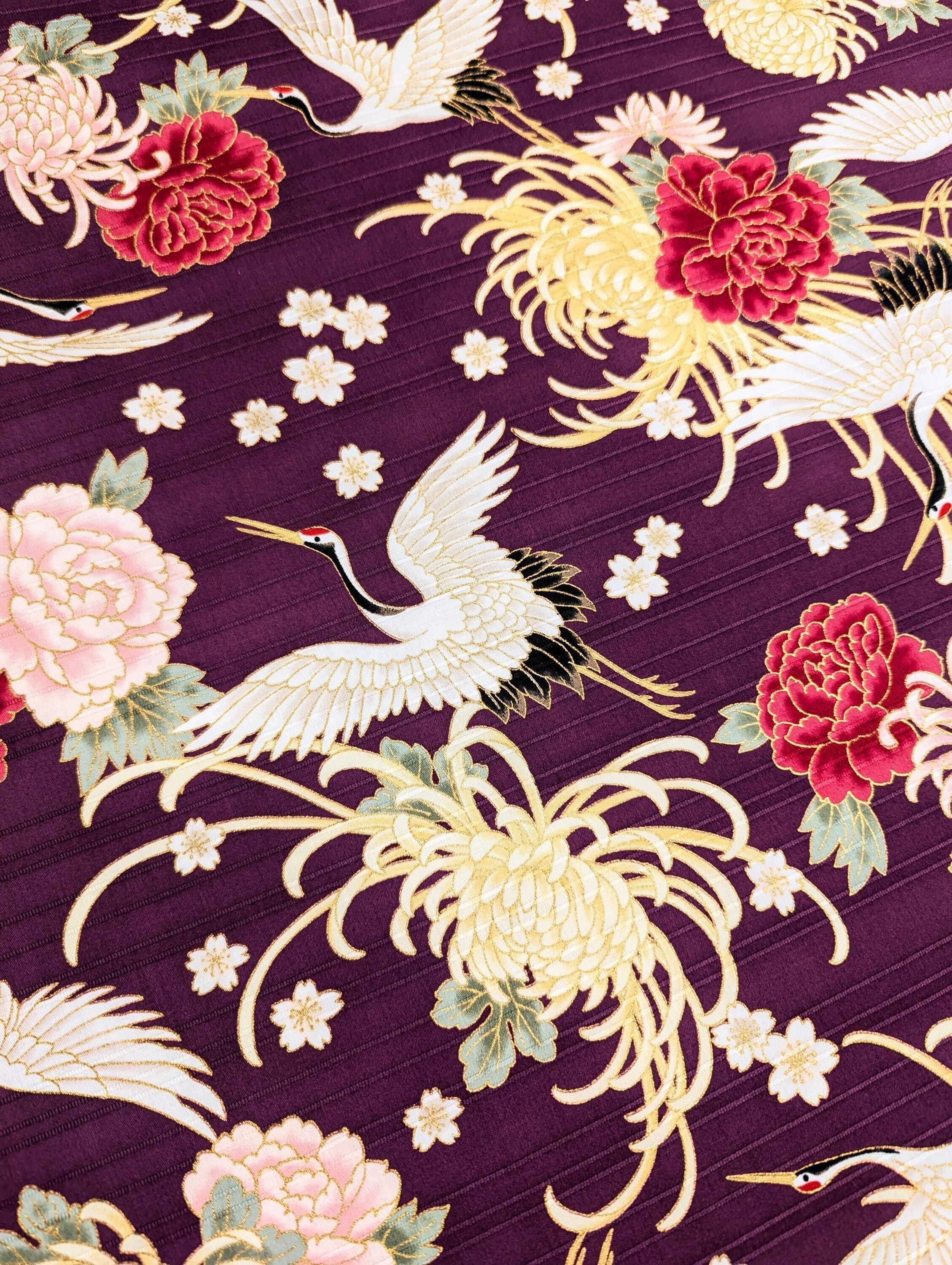 Cosmo - Cranes and Flowers Cotton Shantung - Purple