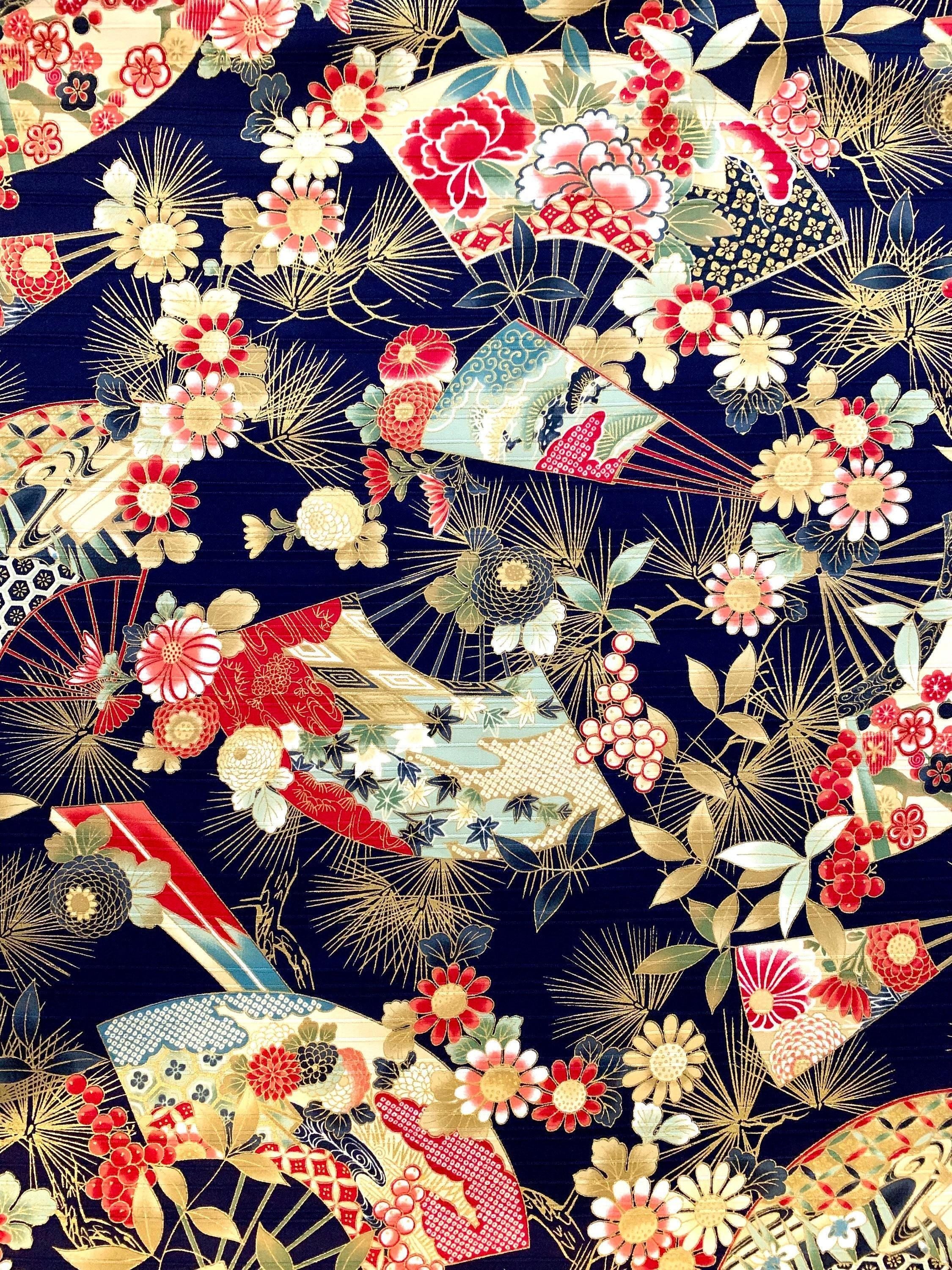 Cosmo - Fans and Flowers Cotton Shantung - Dark Blue Red Gold