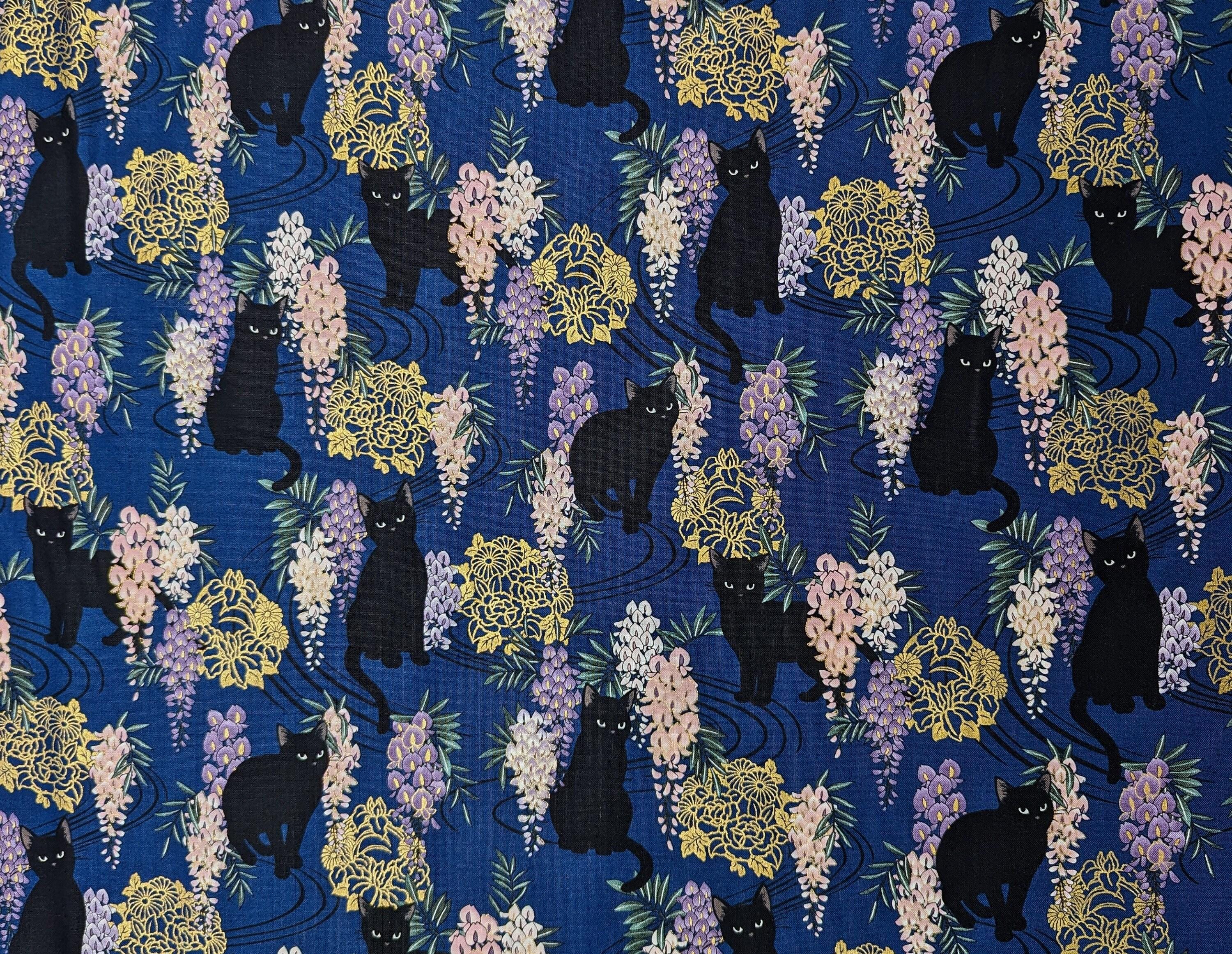 Cats and Wisteria QuiltGate Hyakka Ryoran cotton fabric HR3450-12 F navy blue