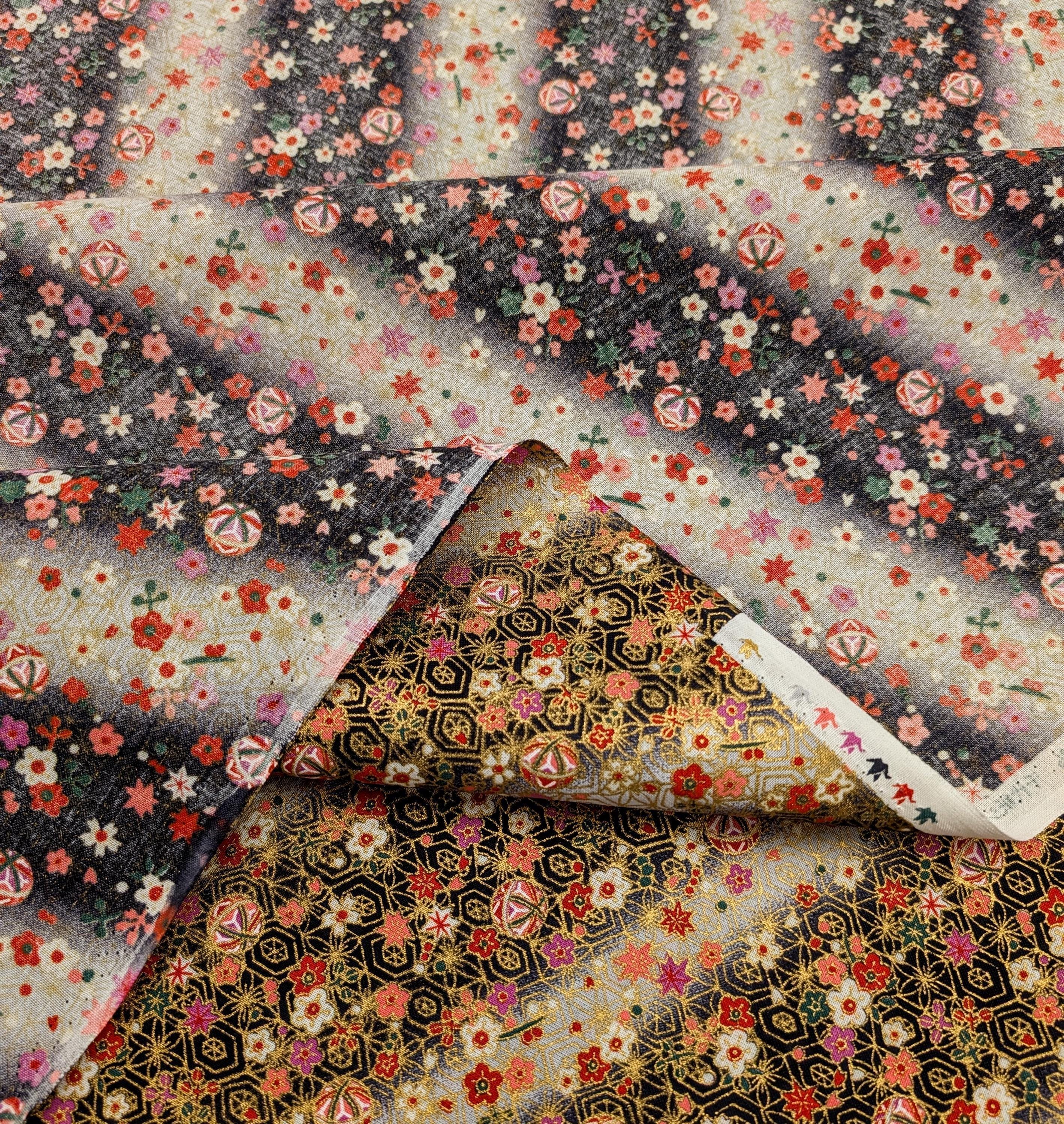 Naka - Temari and Blossoms Cotton Fabric - Black