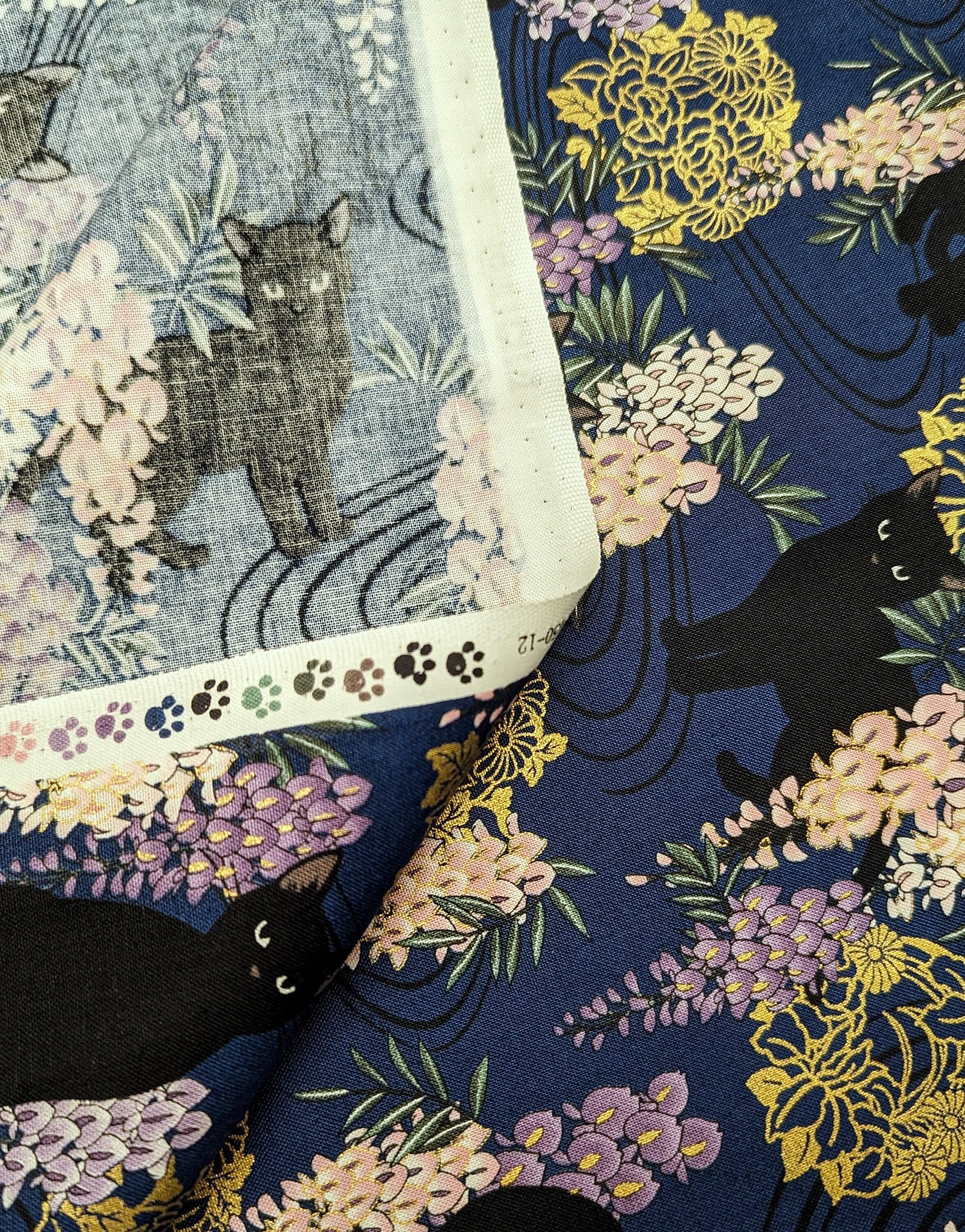 Cats and Wisteria QuiltGate Hyakka Ryoran cotton fabric HR3450-12 F navy blue