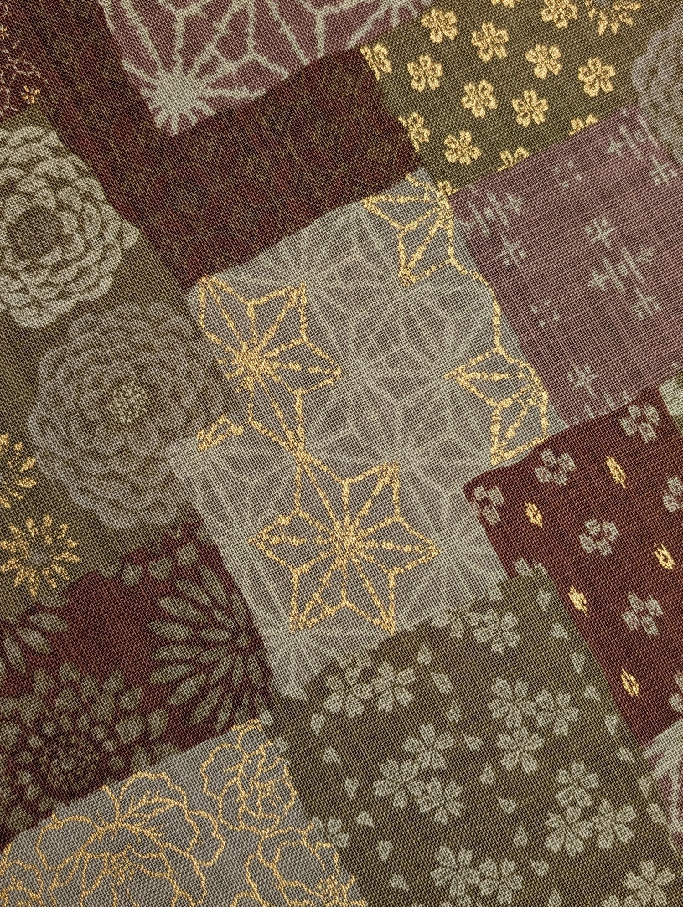 Sevenberry golden boro patchwork Japanese cotton fabric 88501-1-3 dusty red & green