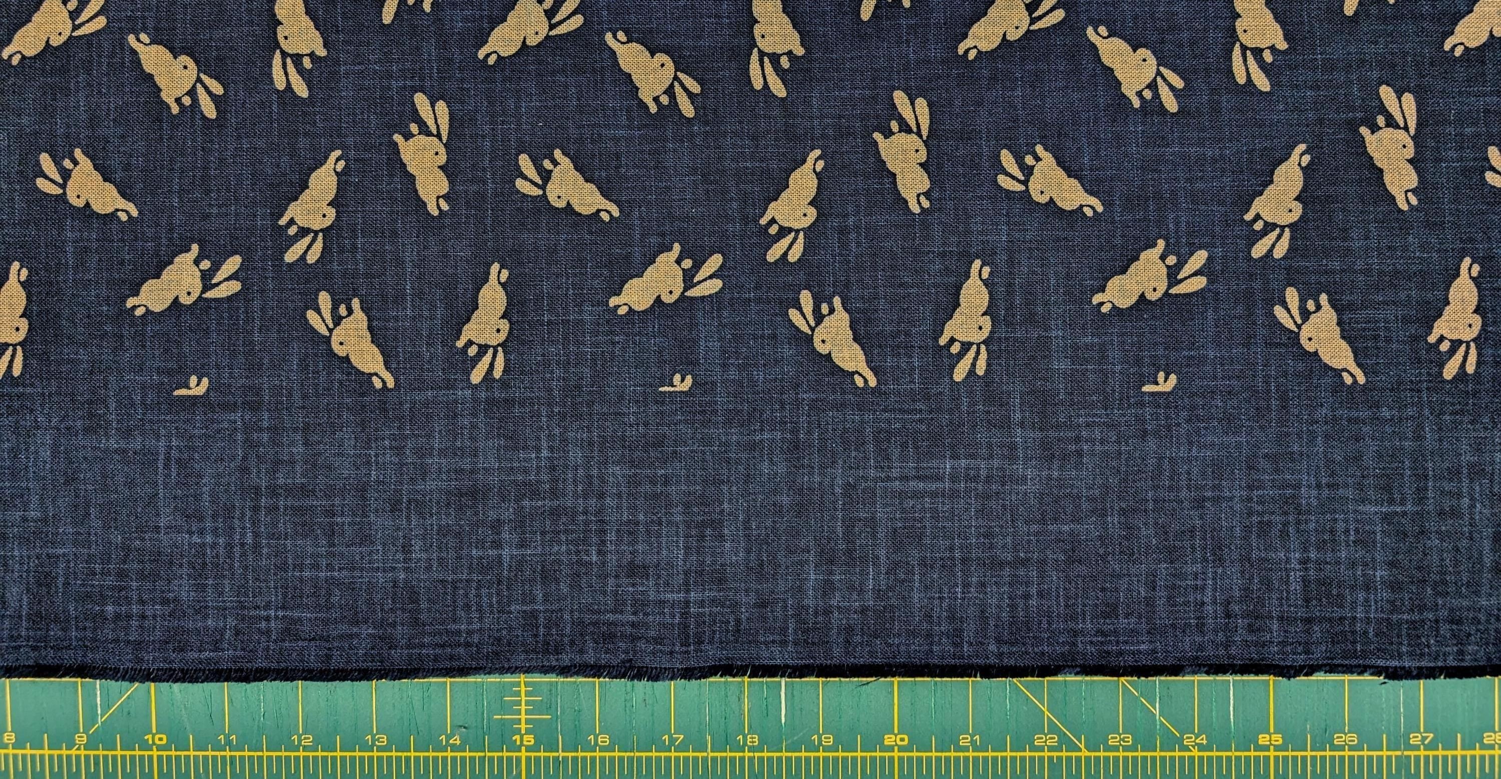 Bouncing Bunnies hand stenciled Japanese cotton fabric KP7090-95 A blue - half yard