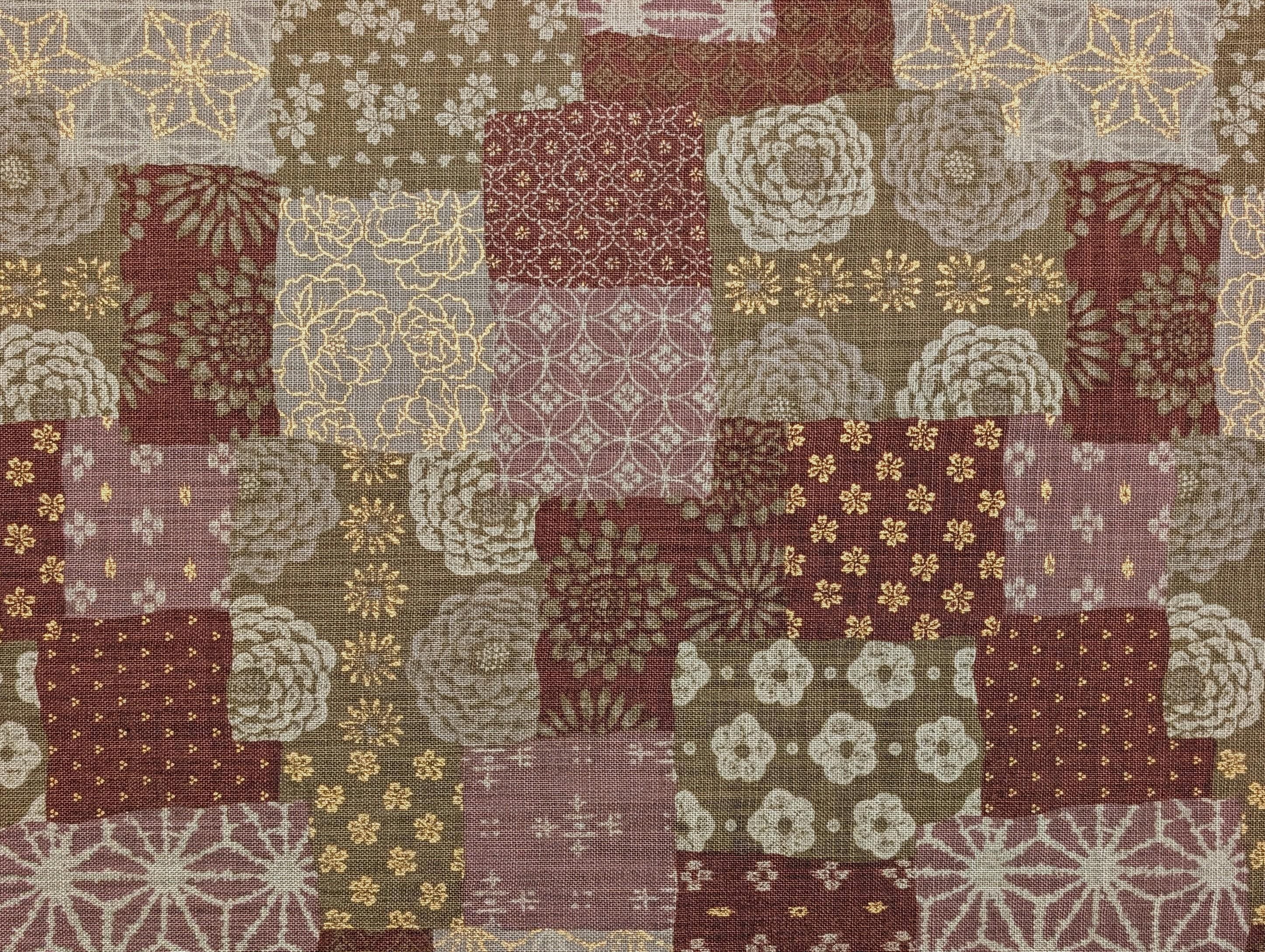 Sevenberry golden boro patchwork Japanese cotton fabric 88501-1-3 dusty red & green