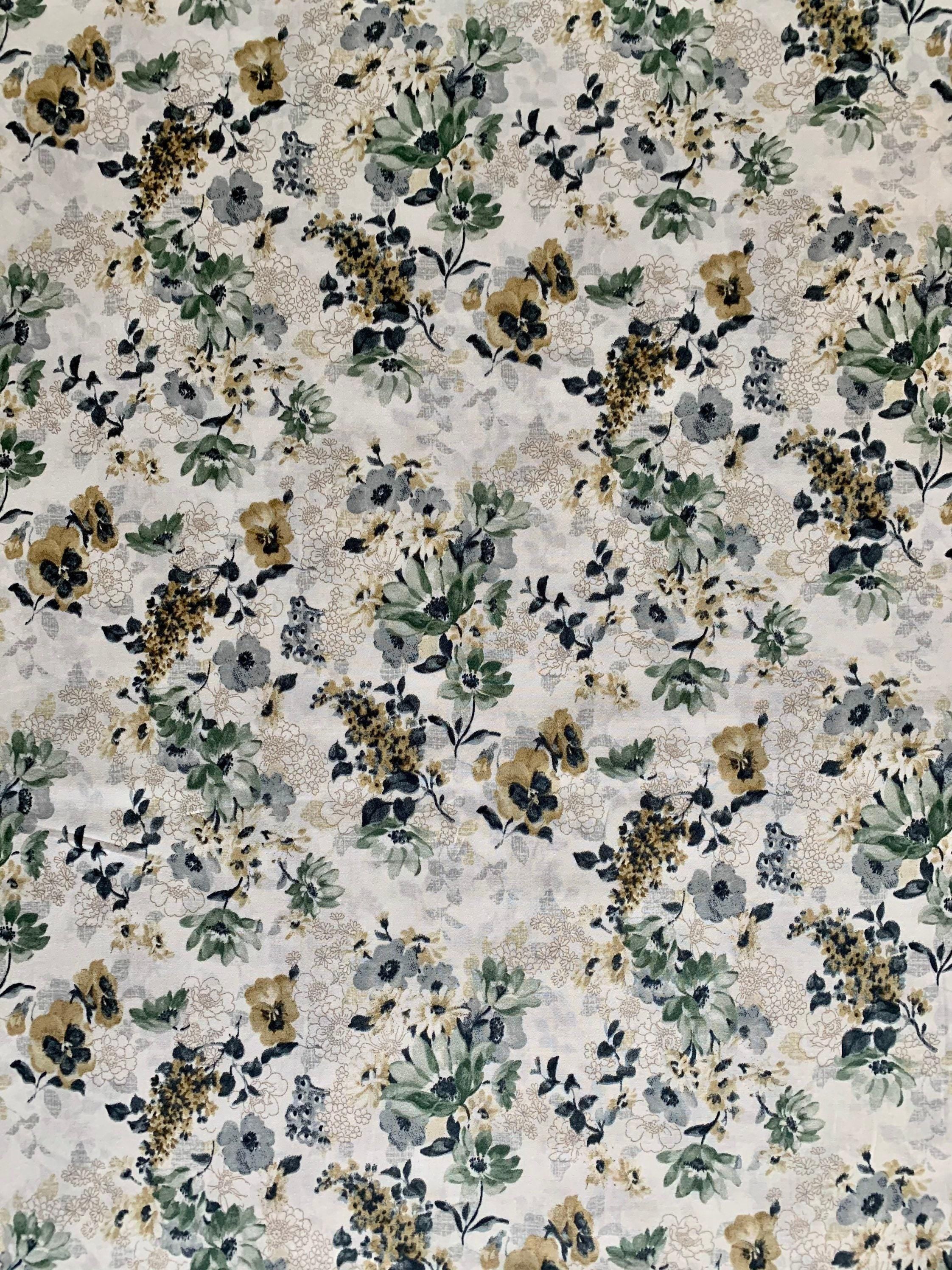 REMNANT Vintage Florals Cosmo cotton lawn fabric AP05703-2D green