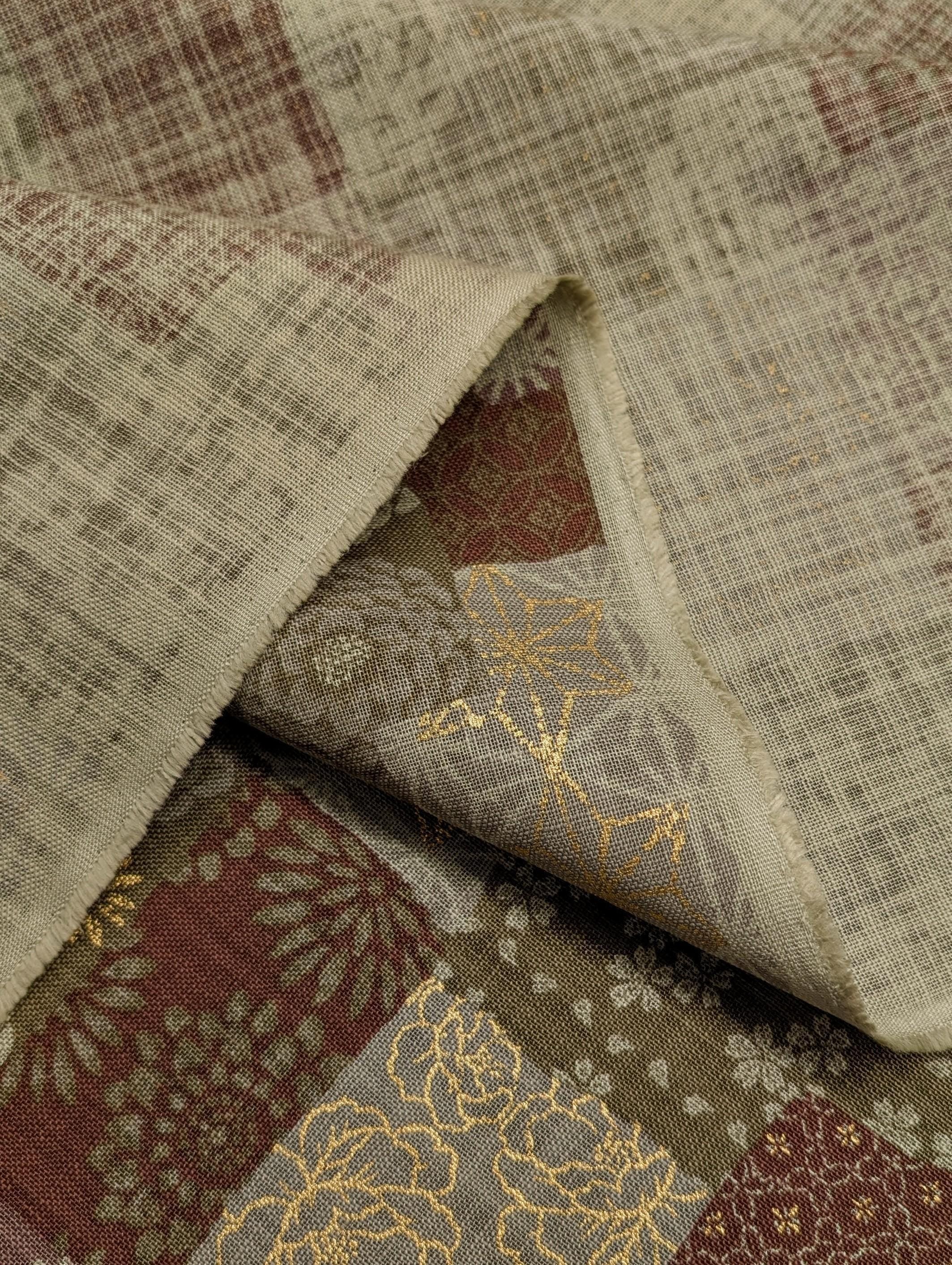 Sevenberry - Golden Boro Patchwork Cotton Fabric - Dusty Red and Green