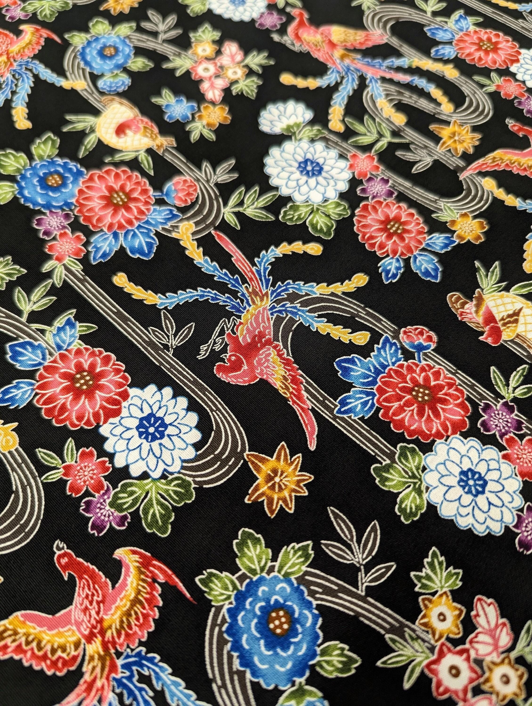 Cosmo - Bingata Phoenix and Flowers Cotton - Black