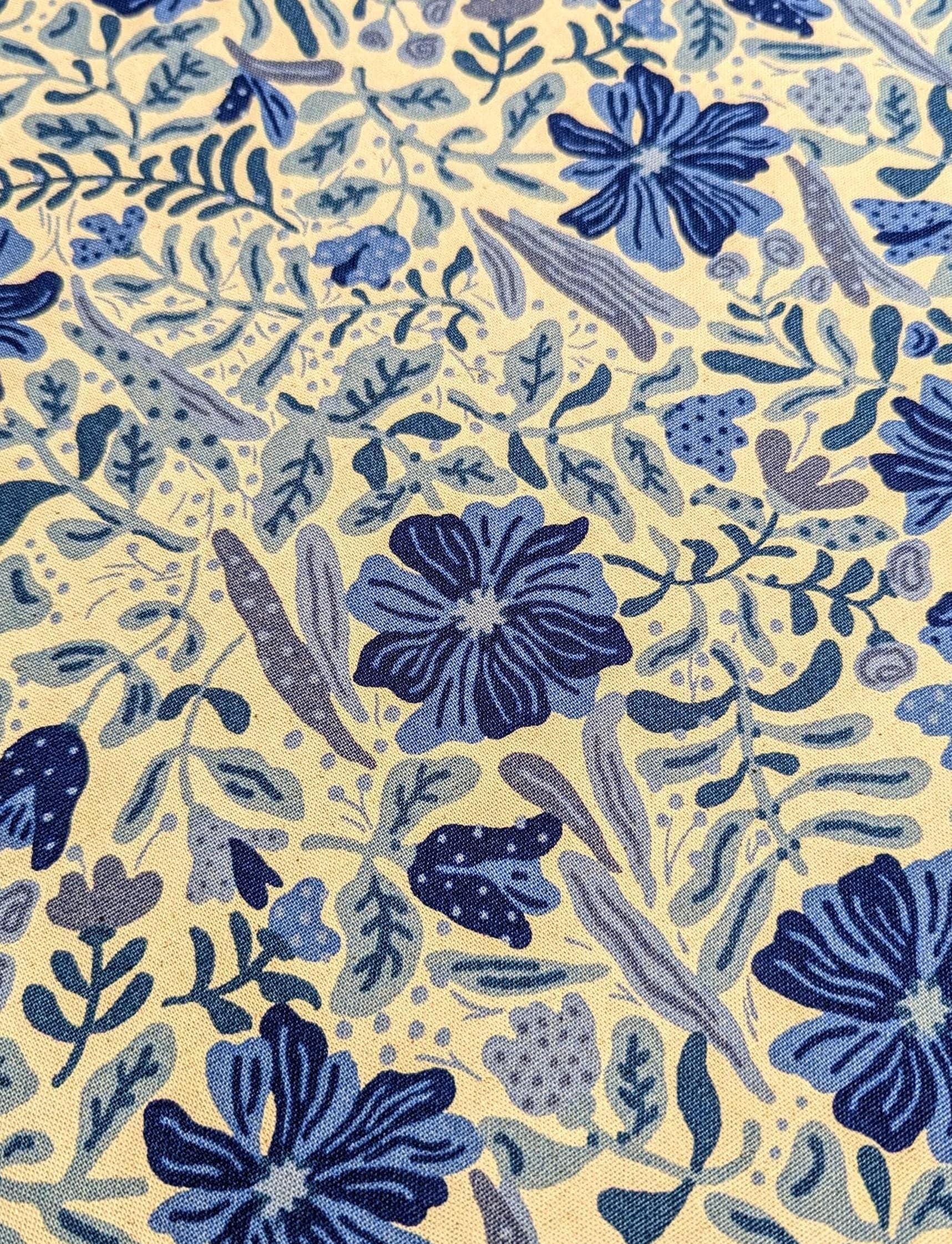 Kobayashi - Folk Art Flowers Cotton/Linen Oxford - Blue and Beige