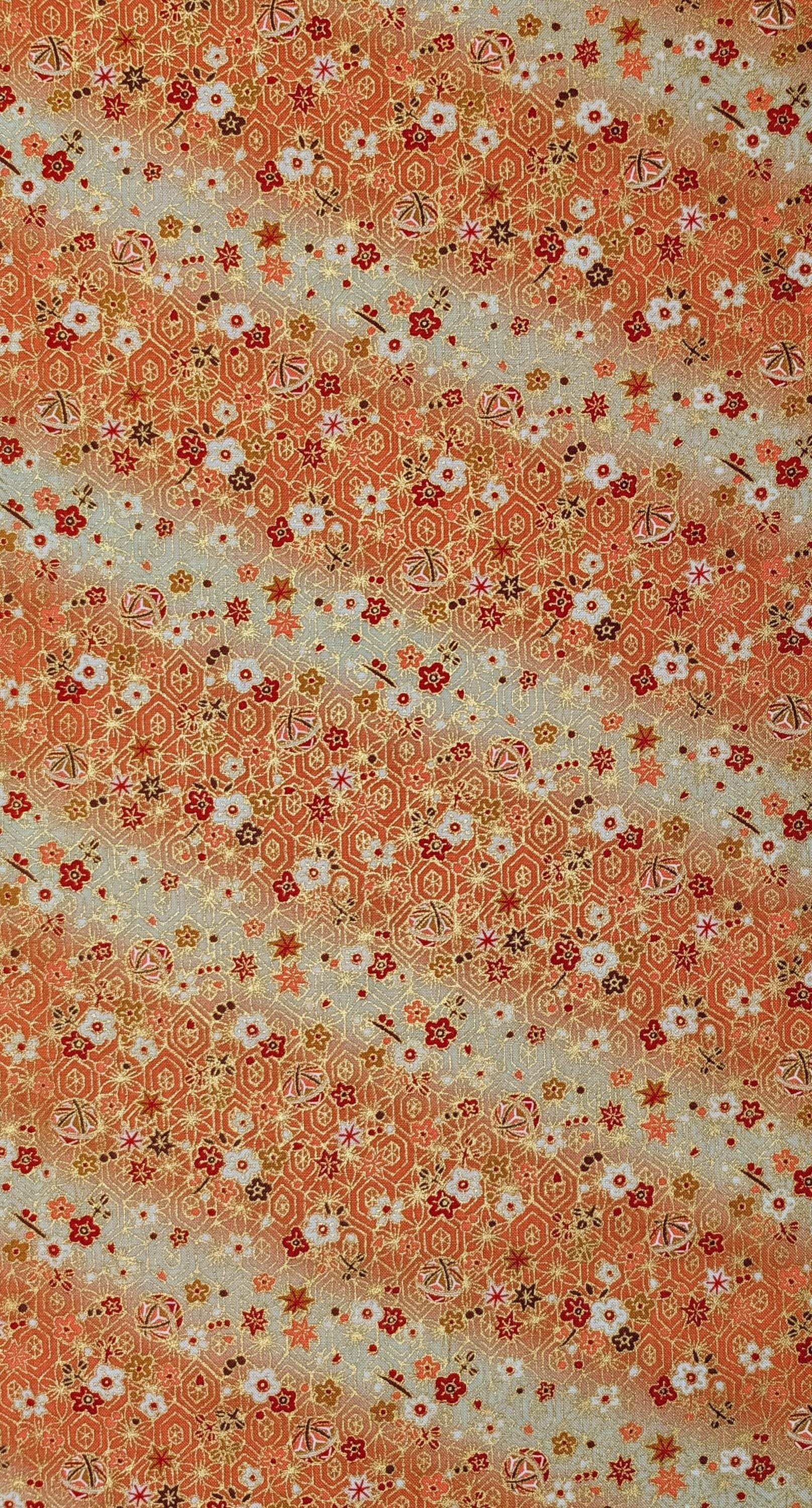 Naka - Temari and Blossoms Cotton Fabric - Pink Orange
