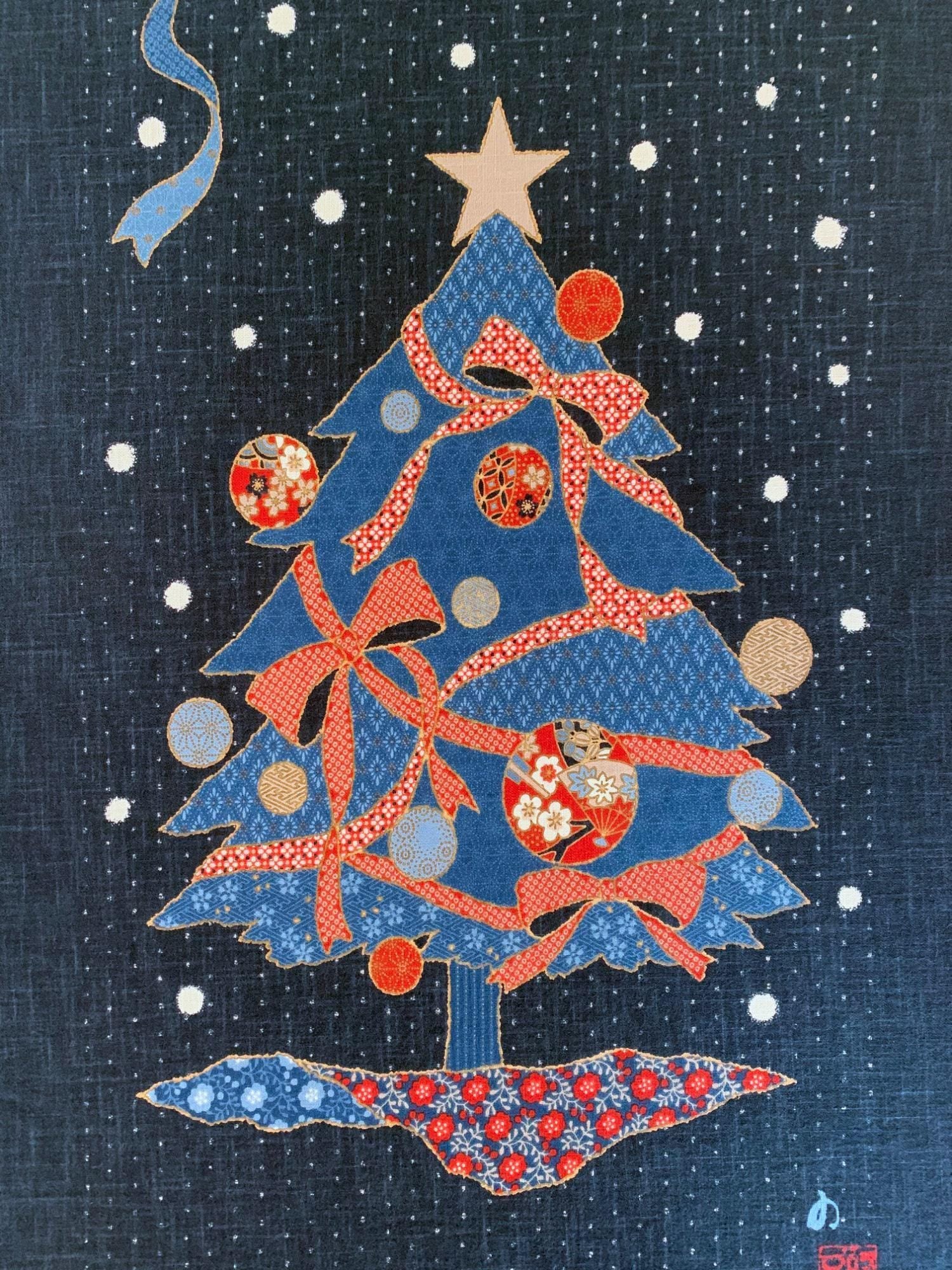 Kurenai - Christmas Holiday Tree Japanese Noren Panel - Blue