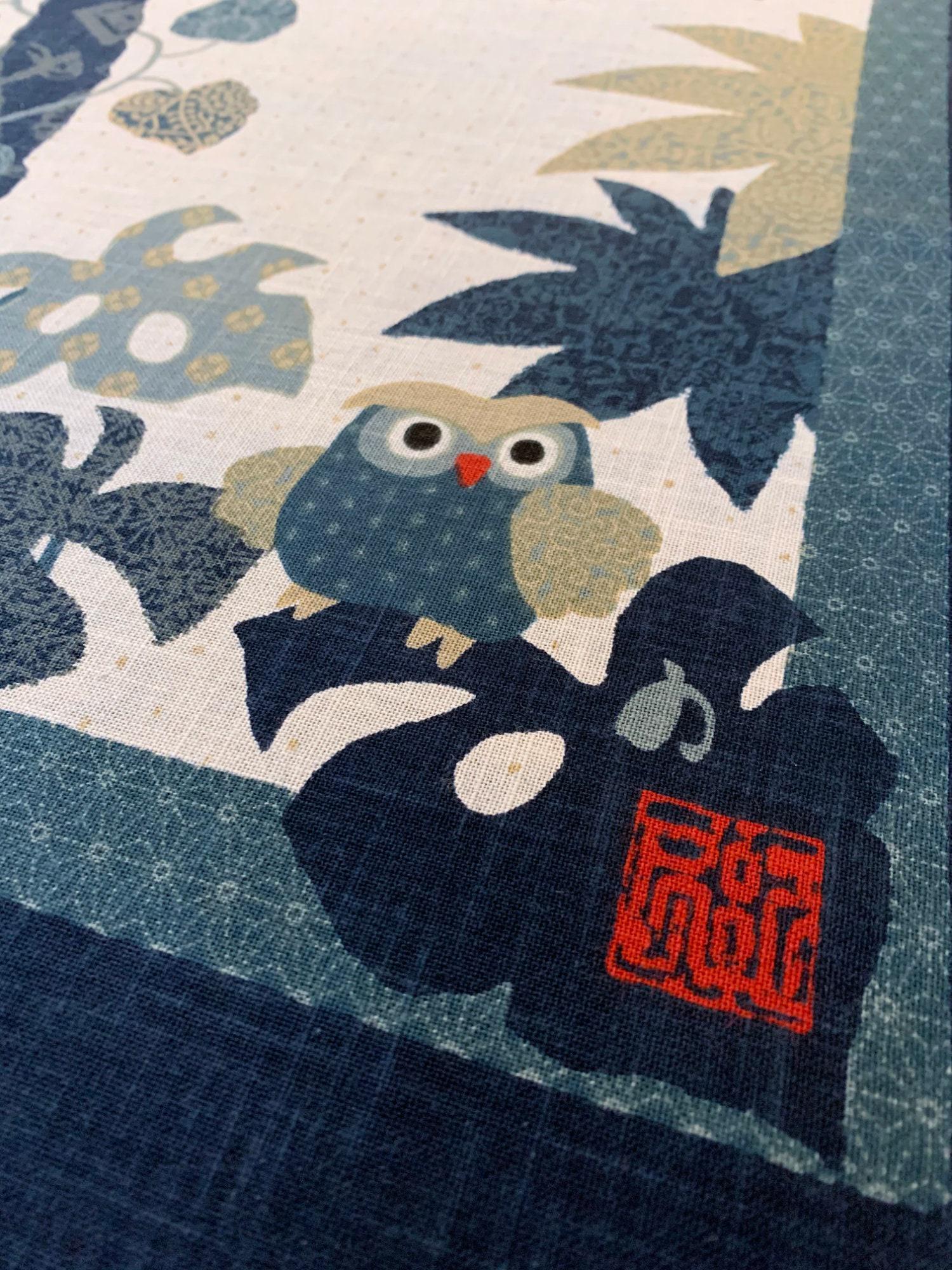 Kurenai - Happy Owls in a Tree Japanese Noren Panel - Blue
