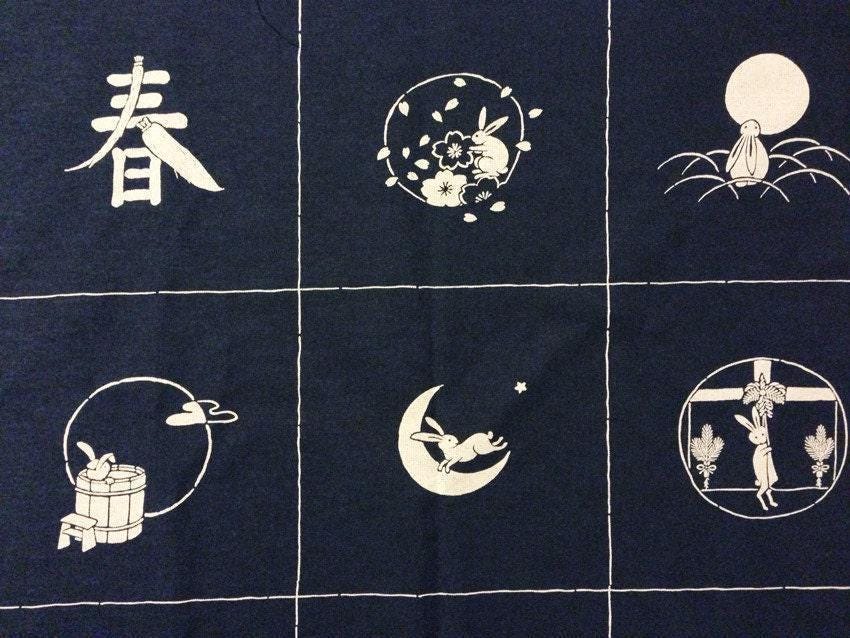 Kurenai - Four Seasons Usagi Rabbit Cotton Panel - Navy or Black