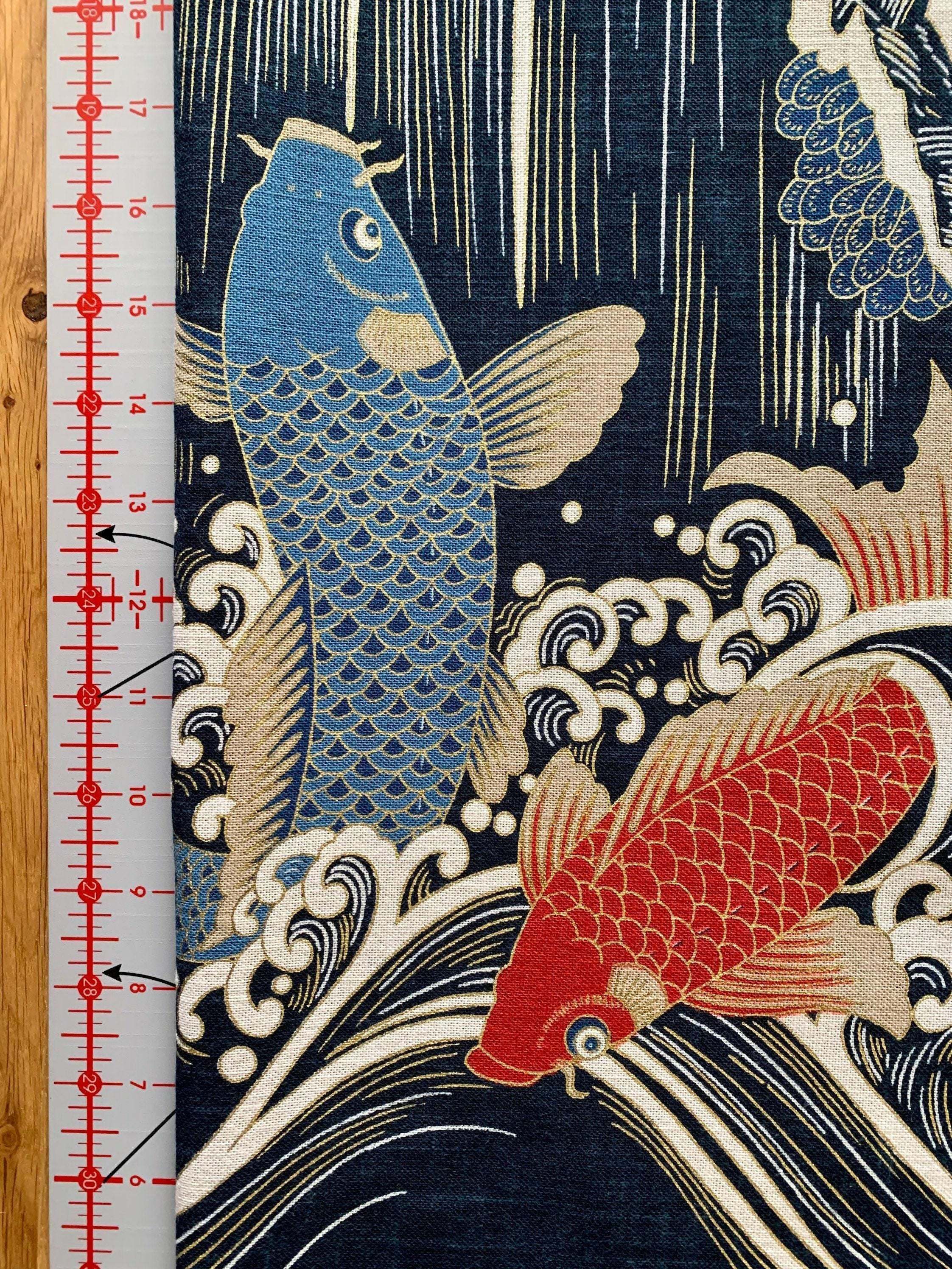 Kurenai - Koi Waterfall Japanese Noren Panel - Blue