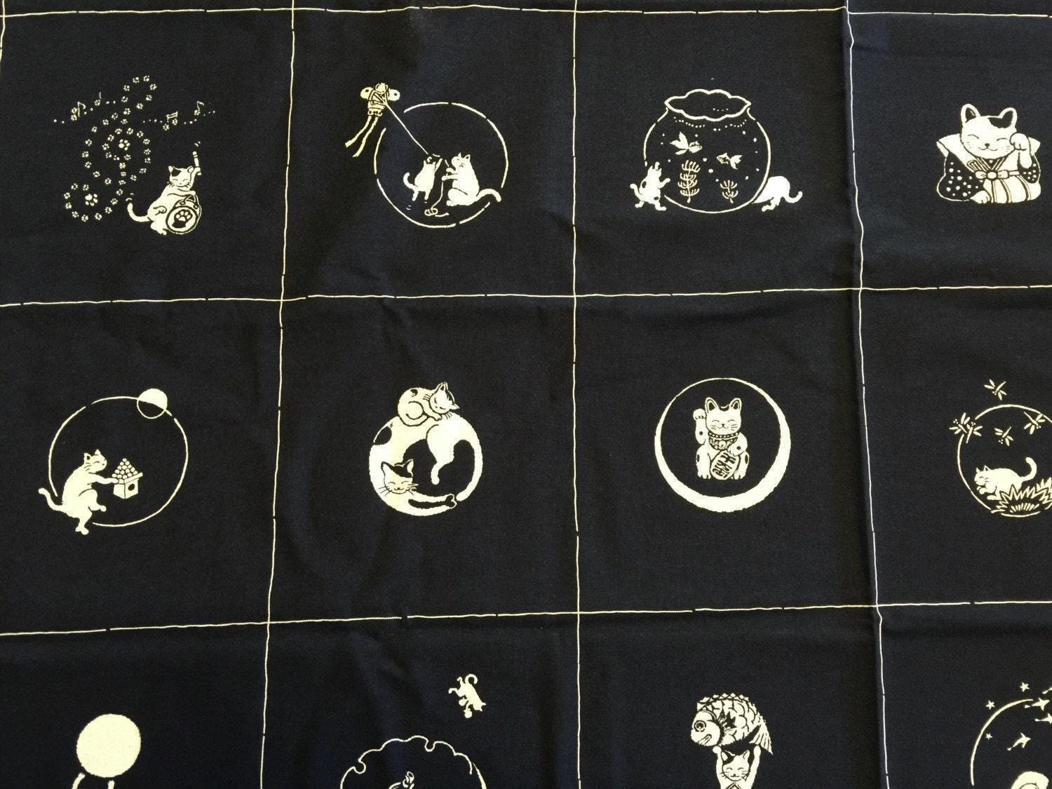 Orimono Imports - Neko Cat Cotton Fabric Panel - Navy, Black, or Red