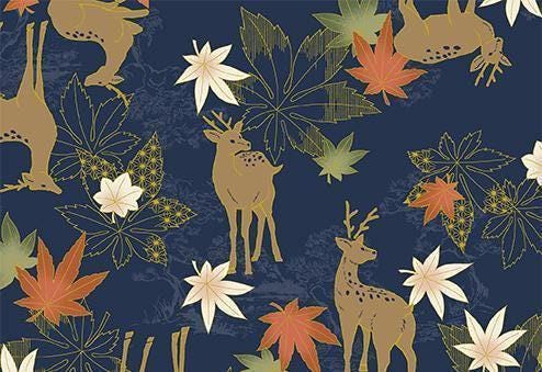 QuiltGate - Hyakka Ryoran Deer and Maple Leaf Cotton Fabric - Indigo Blue Rust Sage Green Gold
