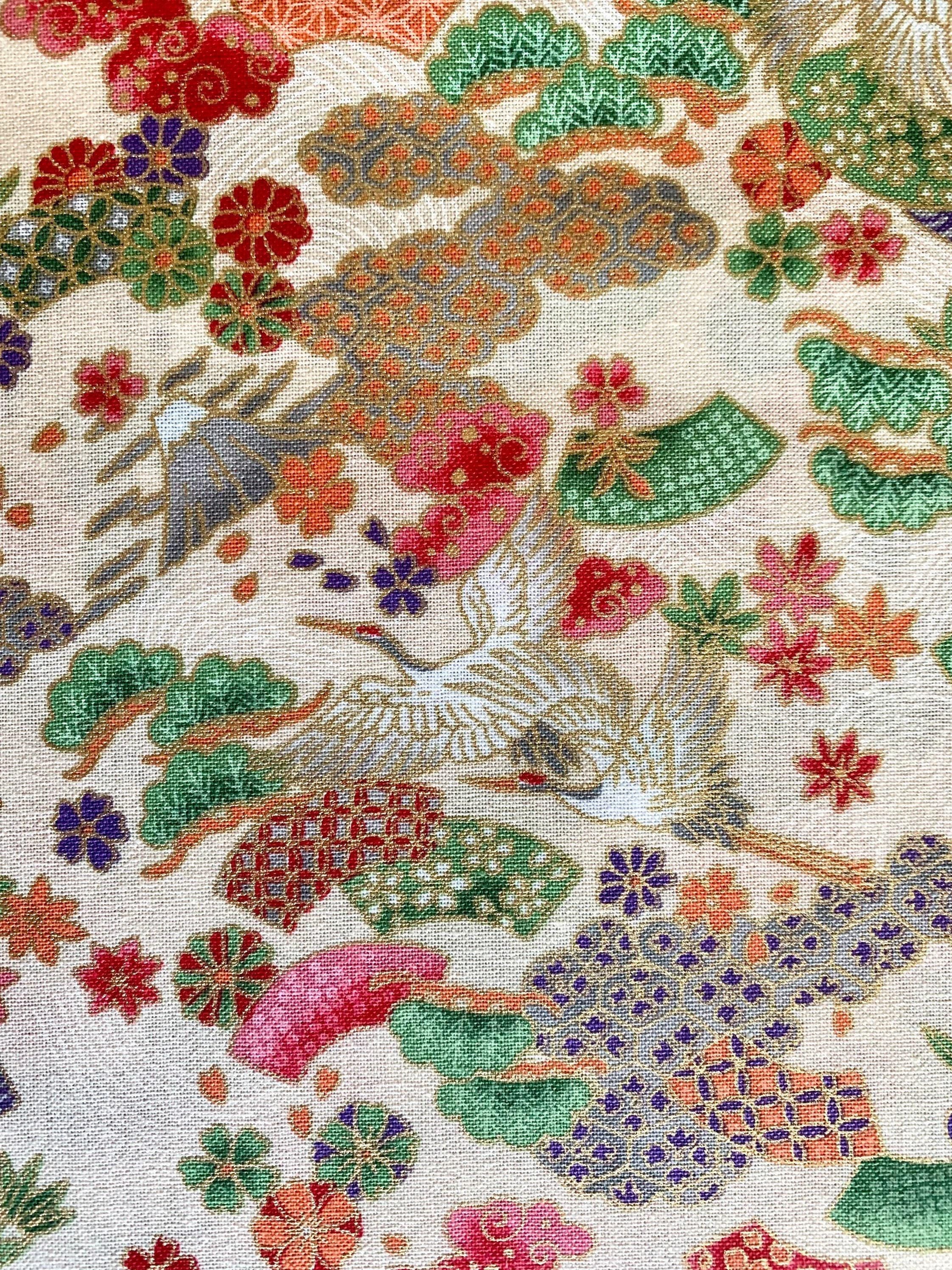 Naka - Cranes and Fans Cotton Fabric - Cream Gold